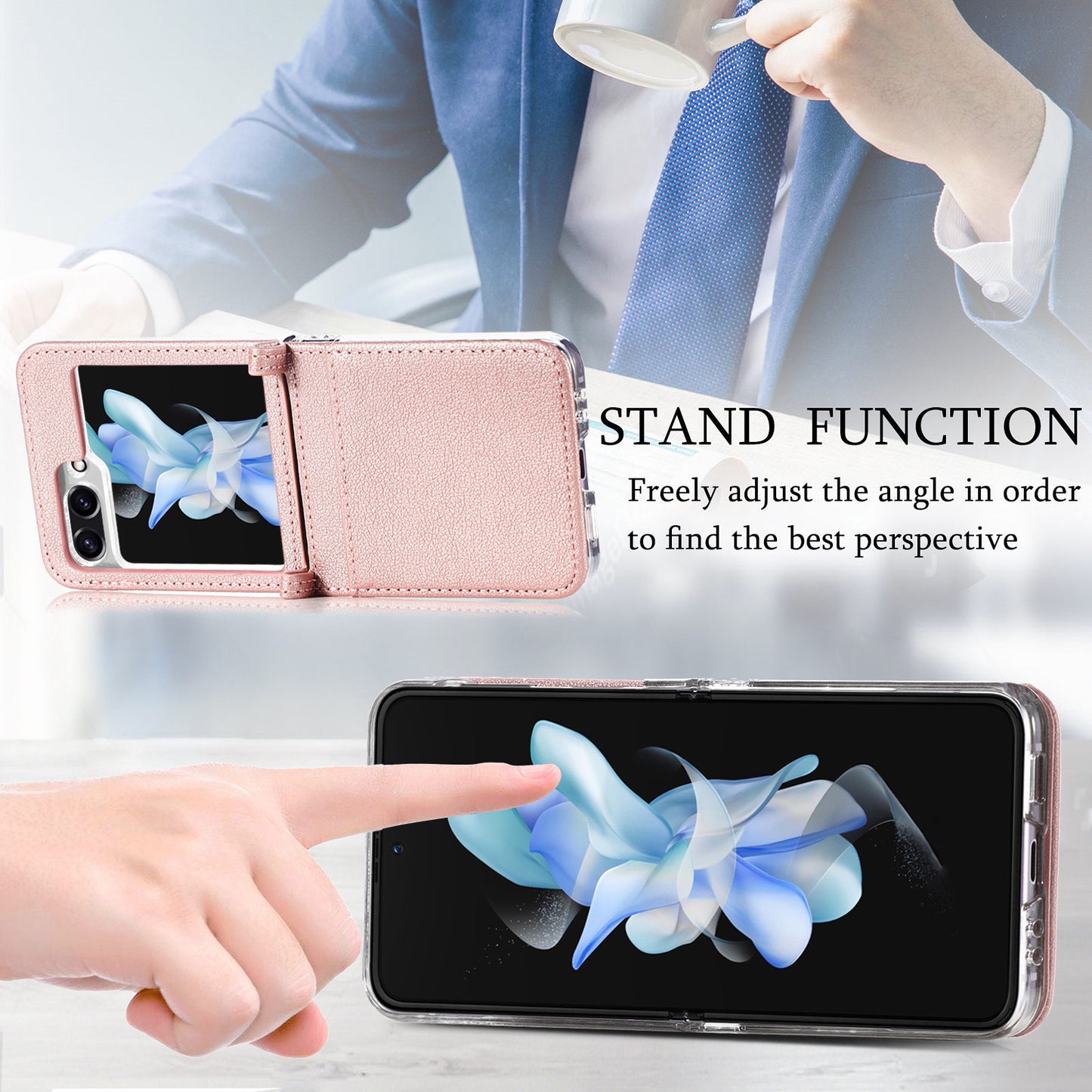 Uniqkart for Samsung Galaxy Z Flip5 5G PU Leather+PC Phone Case Ultra-Thin Litchi Texture Card Slot Kickstand Cover - Black
