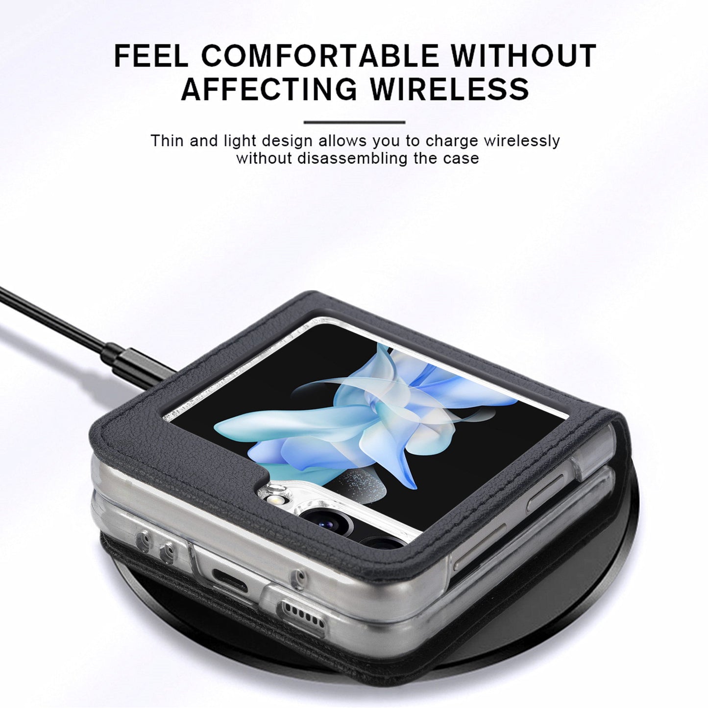 Uniqkart for Samsung Galaxy Z Flip5 5G PU Leather+PC Phone Case Ultra-Thin Litchi Texture Card Slot Kickstand Cover - Black