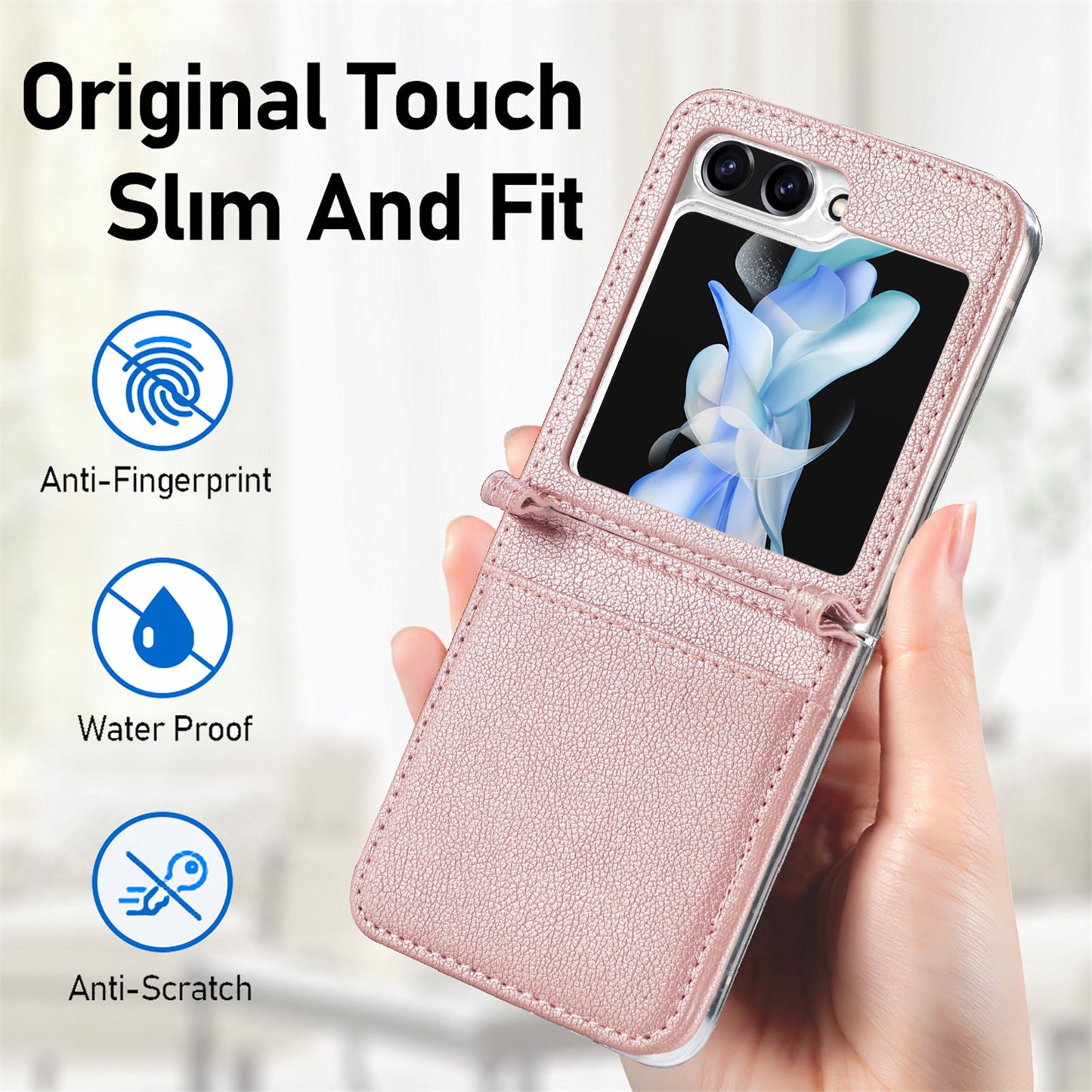 Uniqkart for Samsung Galaxy Z Flip5 5G PU Leather+PC Phone Case Ultra-Thin Litchi Texture Card Slot Kickstand Cover - Rose Gold