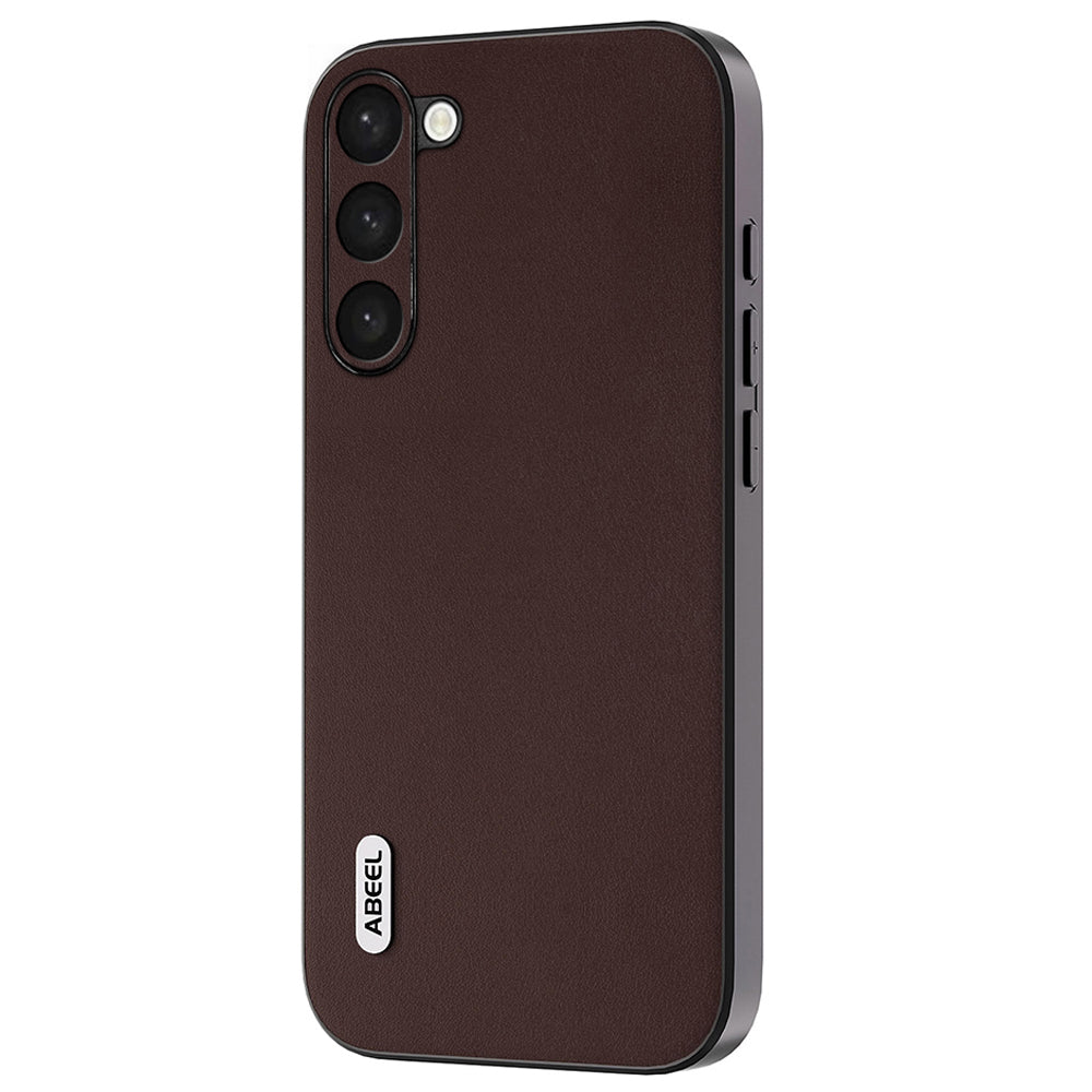 Uniqkart Nappa Texture Phone Case for Samsung Galaxy S23+ Genuine Cow Leather+PC+TPU Anti-fall Cover - Coffee