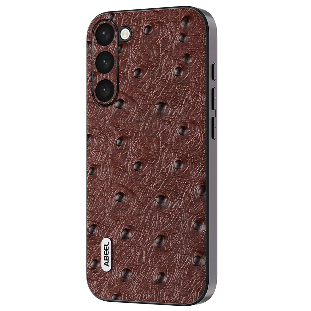 Uniqkart Ostrich Texture Case for Samsung Galaxy S23 , Genuine Cow Leather+PC+TPU Phone Back Cover - Coffee