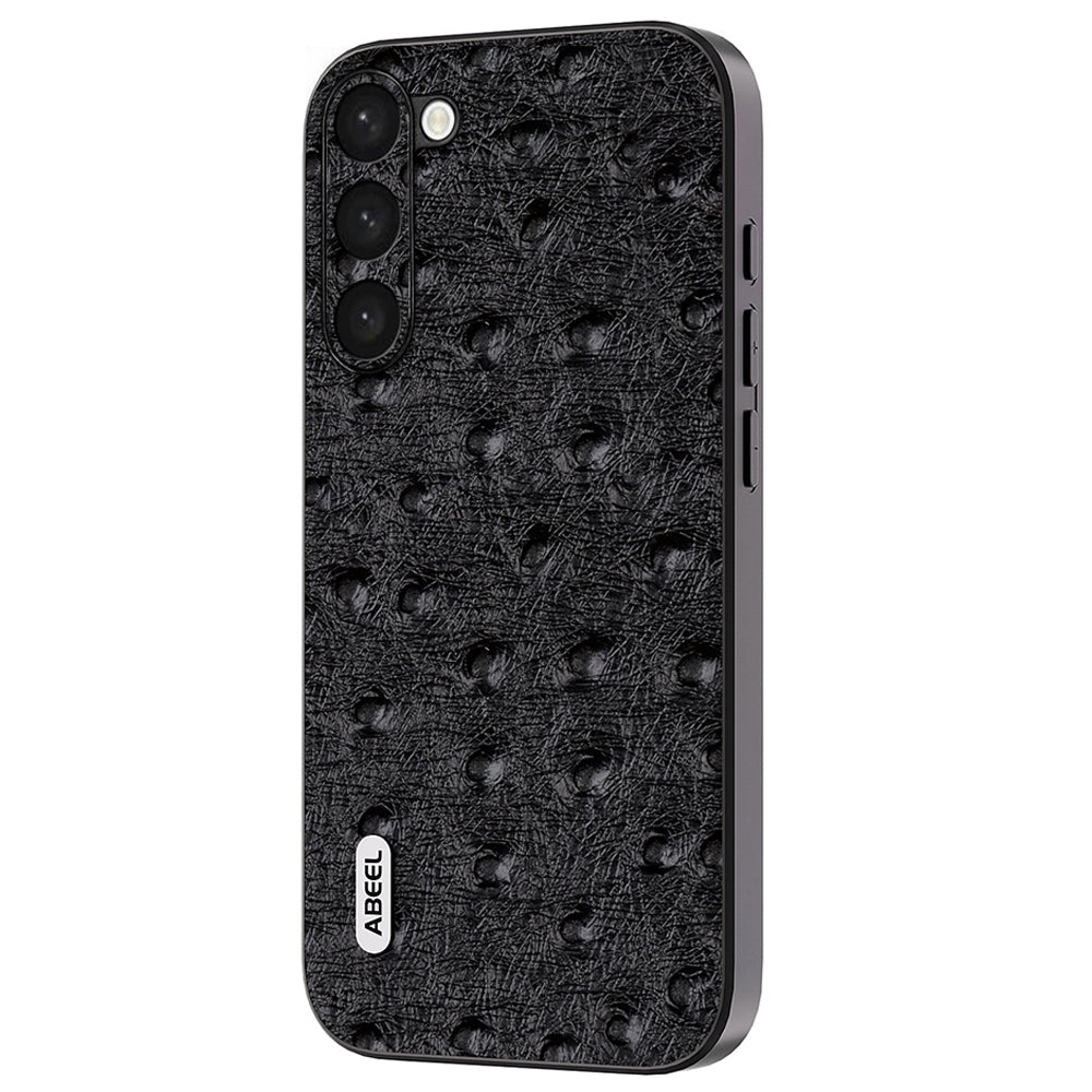 Uniqkart Drop-proof Case for Samsung Galaxy S23+ , Ostrich Texture Genuine Cow Leather+PC+TPU Phone Back Cover - Black