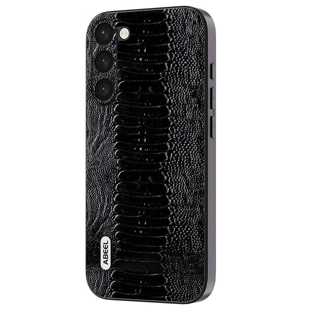 Uniqkart For Samsung Galaxy S23 Phone Case Crocodile Texture Genuine Cow Leather Coated PC+TPU Back Cover - Black