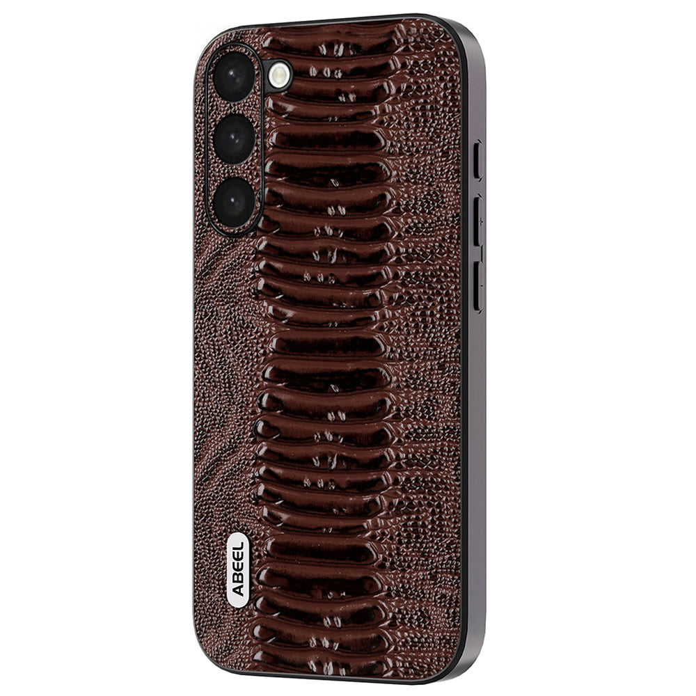 Uniqkart For Samsung Galaxy S23+ Anti-scratch Crocodile Texture PC+TPU Phone Case Genuine Cow Leather Coated Cover - Coffee