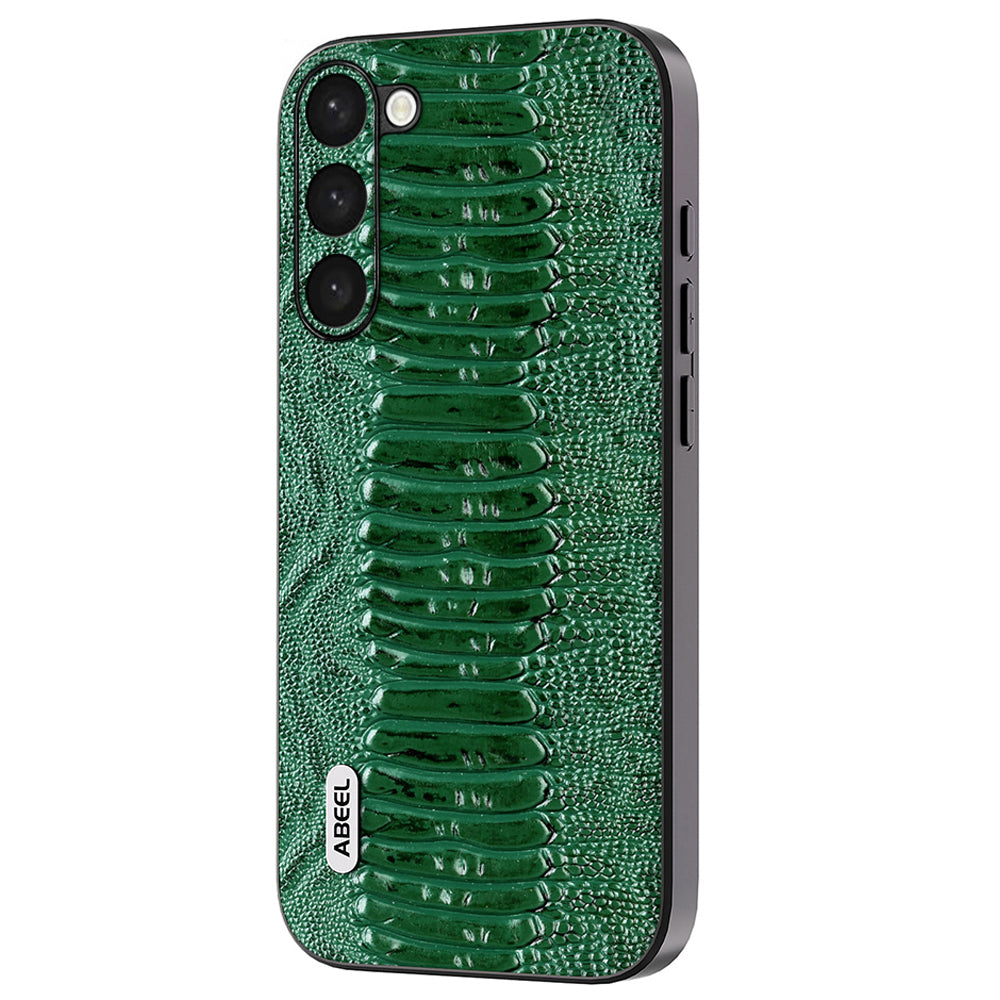 Uniqkart For Samsung Galaxy S23+ Anti-scratch Crocodile Texture PC+TPU Phone Case Genuine Cow Leather Coated Cover - Green