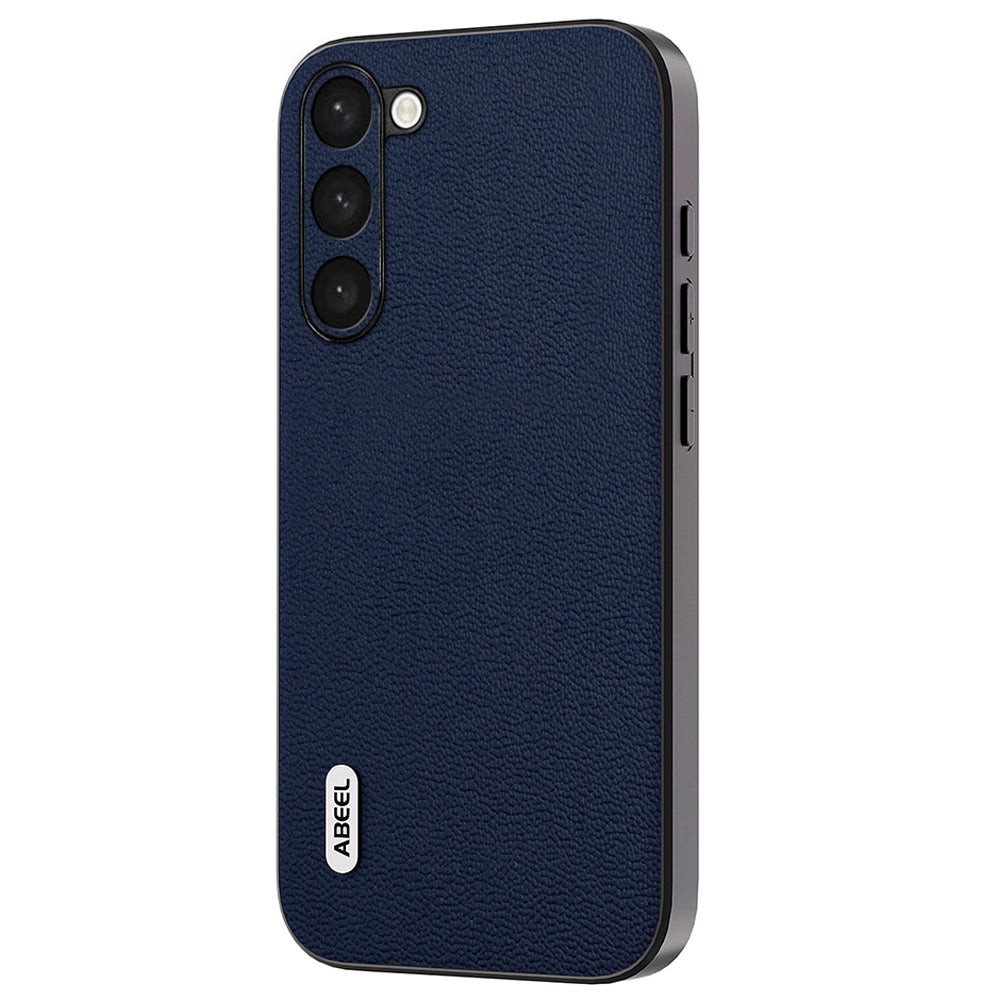 Uniqkart For Samsung Galaxy S23 Back Protector Litchi Texture Genuine Cow Leather+PC+TPU Cover Case - Blue
