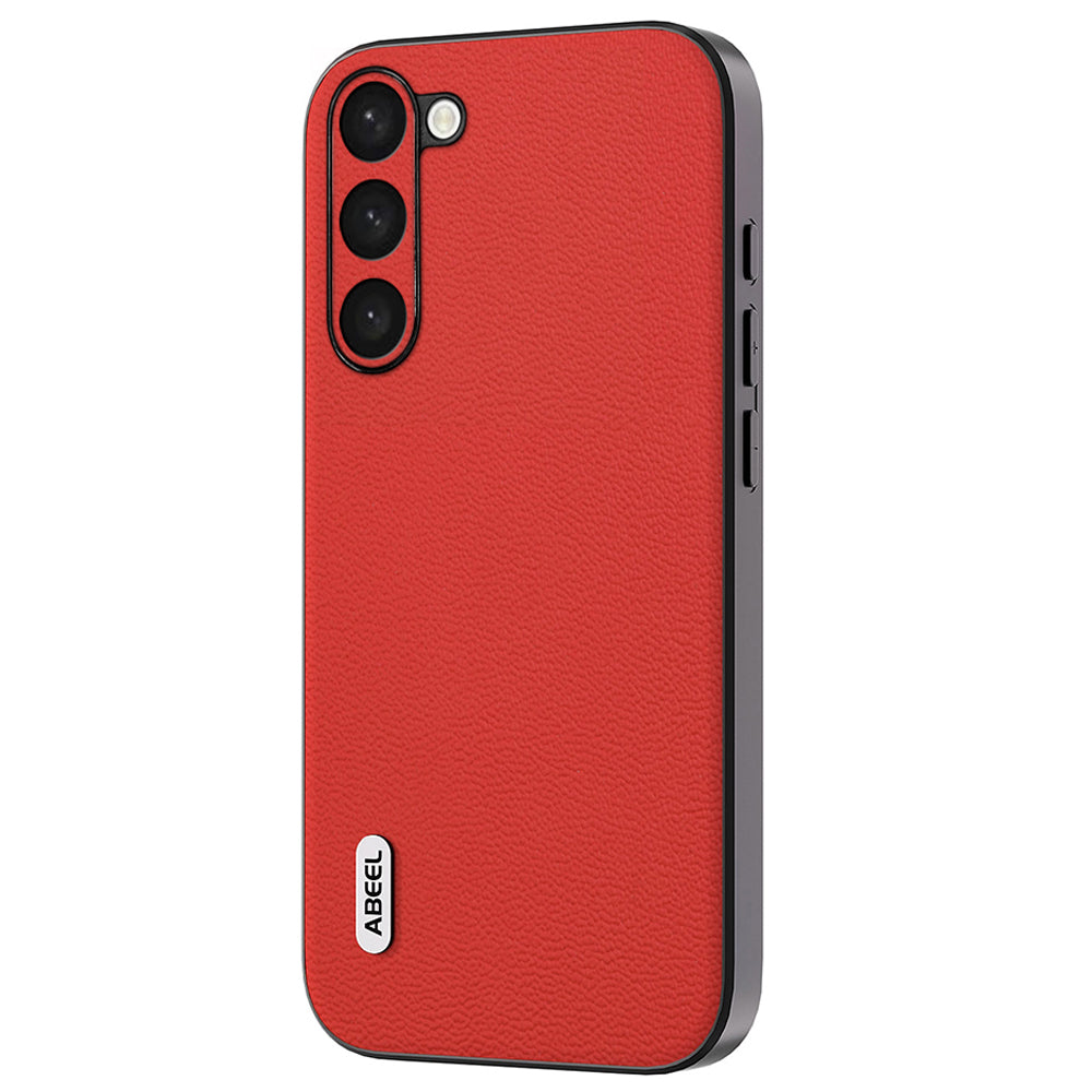 Uniqkart For Samsung Galaxy S23 Back Protector Litchi Texture Genuine Cow Leather+PC+TPU Cover Case - Red