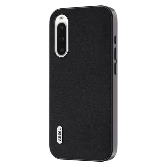 Uniqkart For Sony Xperia 10 V Nappa Texture Genuine Cow Leather Coated Phone Case PC+TPU Back Cover - Black