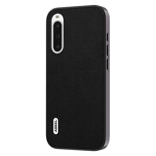 Uniqkart For Sony Xperia 10 V Genuine Cow Leather Coated PC+TPU Cover Litchi Texture Phone Case - Black