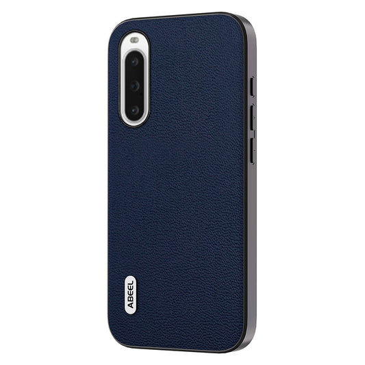 Uniqkart For Sony Xperia 10 V Genuine Cow Leather Coated PC+TPU Cover Litchi Texture Phone Case - Blue