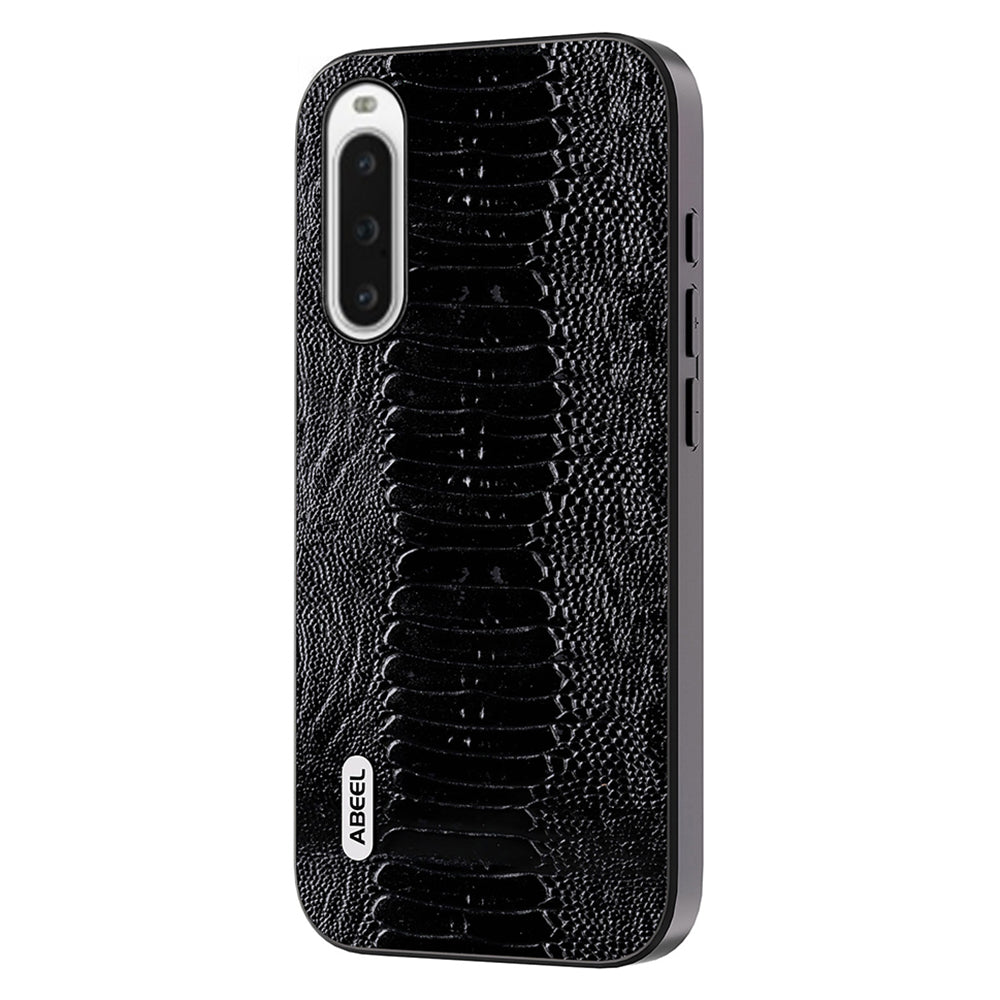 Uniqkart For Sony Xperia 10 V Genuine Cow Leather Coated Crocodile Texture Cover PC+TPU Phone Case - Black