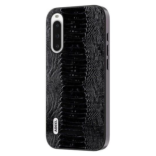 Uniqkart For Sony Xperia 10 V Genuine Cow Leather Coated Crocodile Texture Cover PC+TPU Phone Case - Black