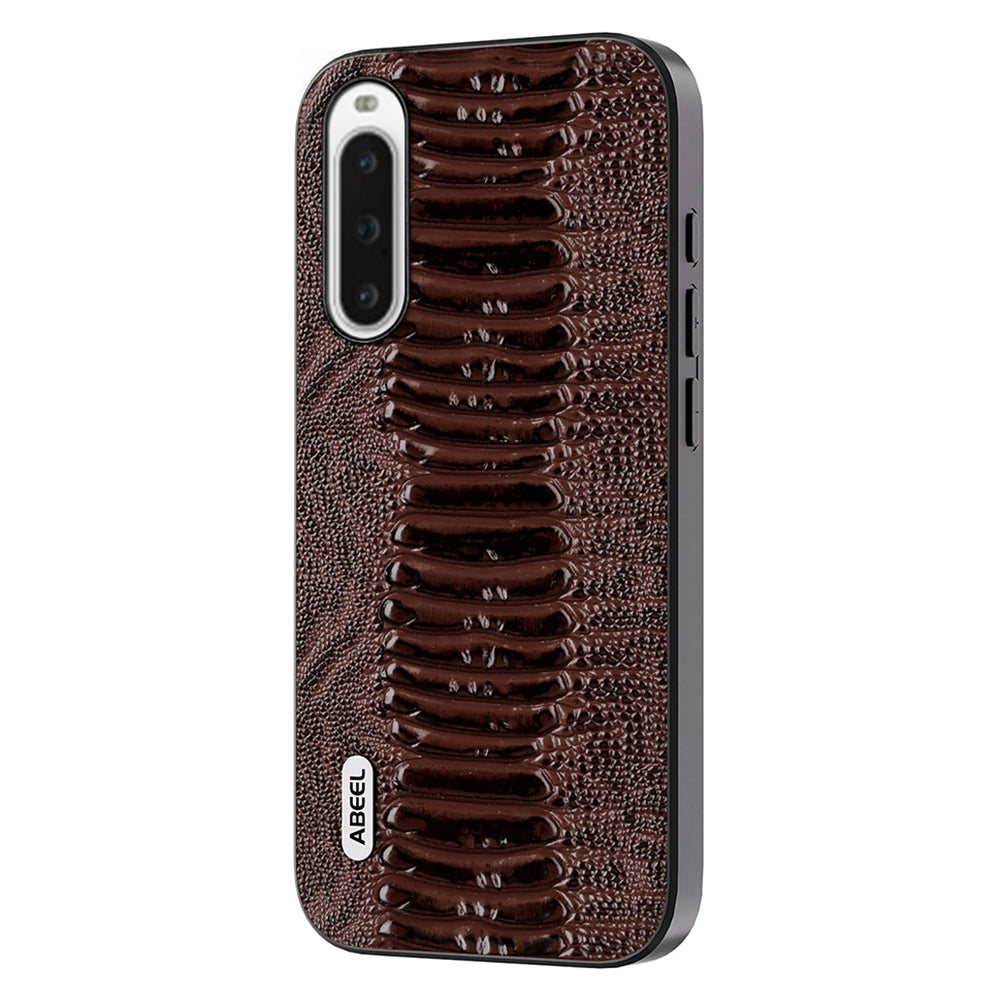 Uniqkart For Sony Xperia 10 V Genuine Cow Leather Coated Crocodile Texture Cover PC+TPU Phone Case - Coffee