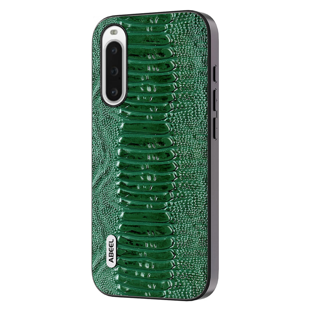 Uniqkart For Sony Xperia 10 V Genuine Cow Leather Coated Crocodile Texture Cover PC+TPU Phone Case - Green