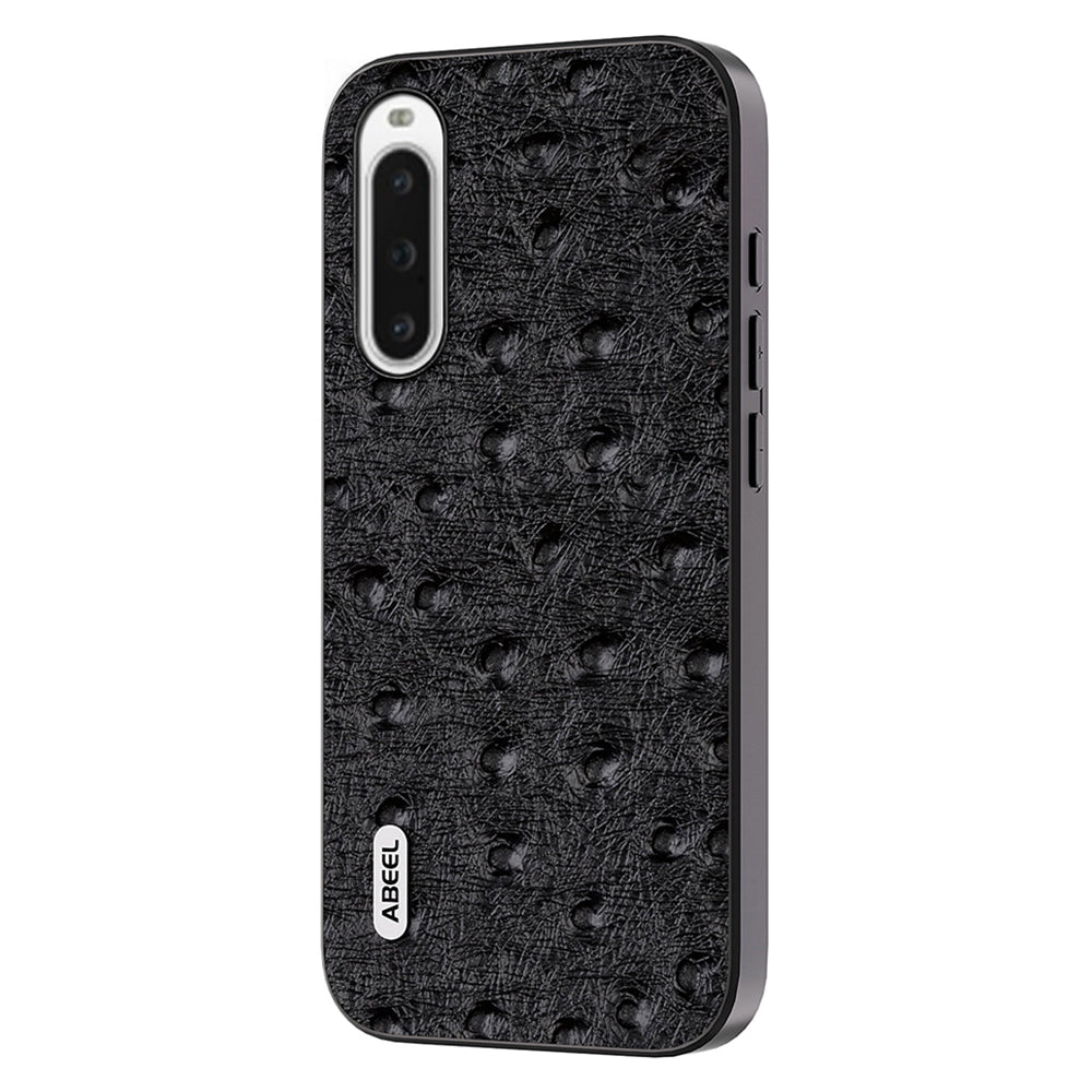 Uniqkart For Sony Xperia 10 IV 5G Ostrich Texture Slim Case Genuine Cow Leather+PC+TPU Hybrid Phone Cover - Black