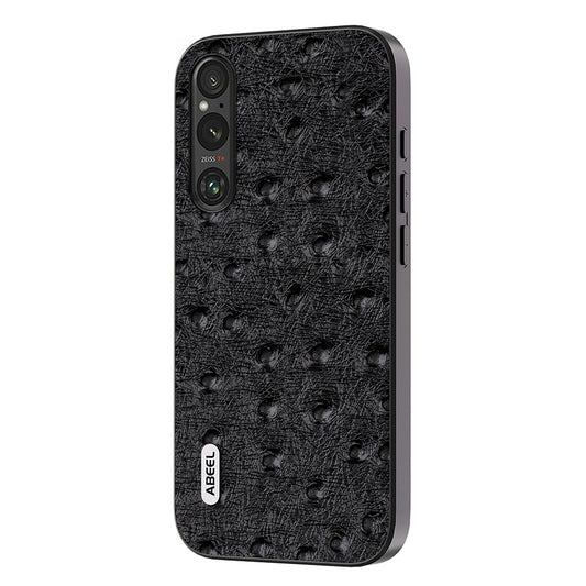 Uniqkart For Sony Xperia 1 V Ostrich Texture Genuine Cow Leather Coated Phone Case PC+TPU Back Cover - Black