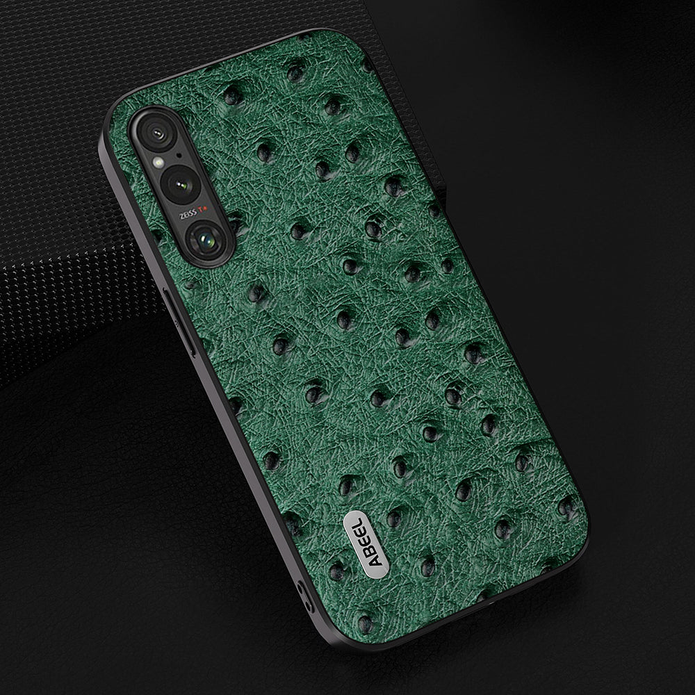 Uniqkart For Sony Xperia 1 V Ostrich Texture Genuine Cow Leather Coated Phone Case PC+TPU Back Cover - Green