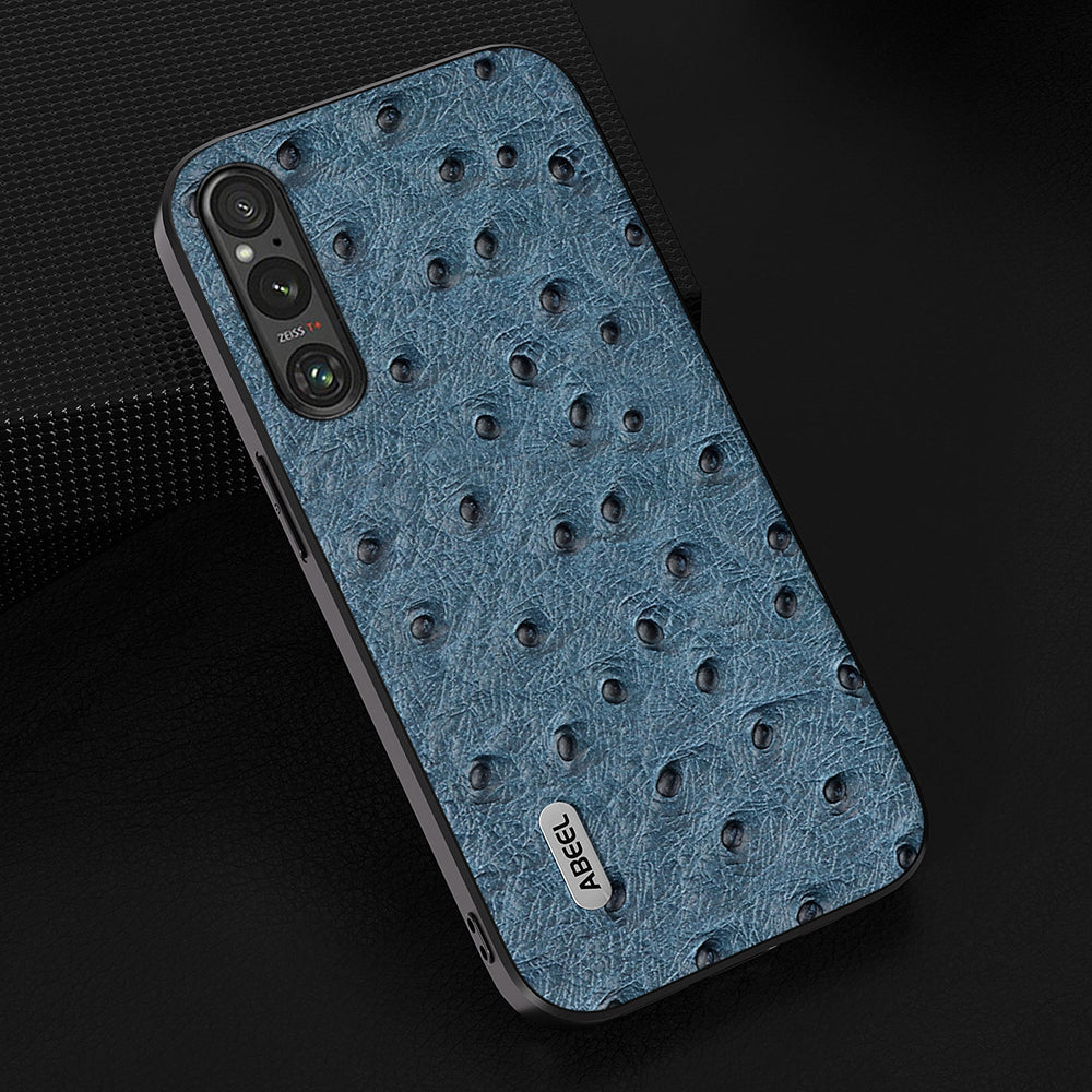 Uniqkart For Sony Xperia 1 V Ostrich Texture Genuine Cow Leather Coated Phone Case PC+TPU Back Cover - Blue