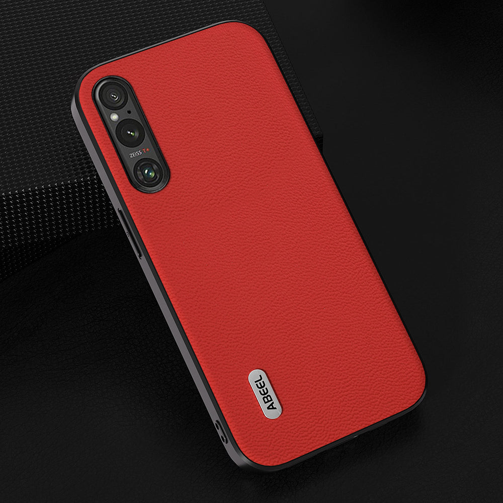 Uniqkart For Sony Xperia 1 V PC+TPU Genuine Cow Leather Coated Cover Litchi Texture Phone Case - Red