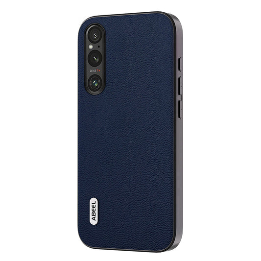 Uniqkart For Sony Xperia 1 V PC+TPU Genuine Cow Leather Coated Cover Litchi Texture Phone Case - Blue