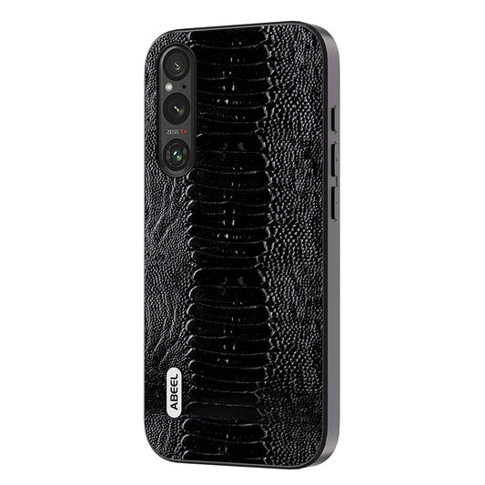Uniqkart For Sony Xperia 1 V Genuine Cow Leather Coated Phone Cover Crocodile Texture PC+TPU Back Case - Black