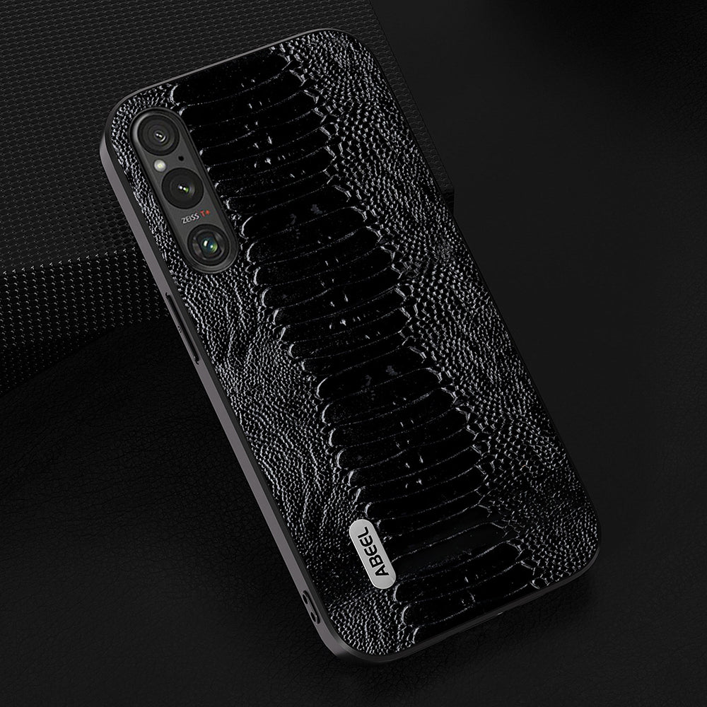 Uniqkart For Sony Xperia 1 V Genuine Cow Leather Coated Phone Cover Crocodile Texture PC+TPU Back Case - Black