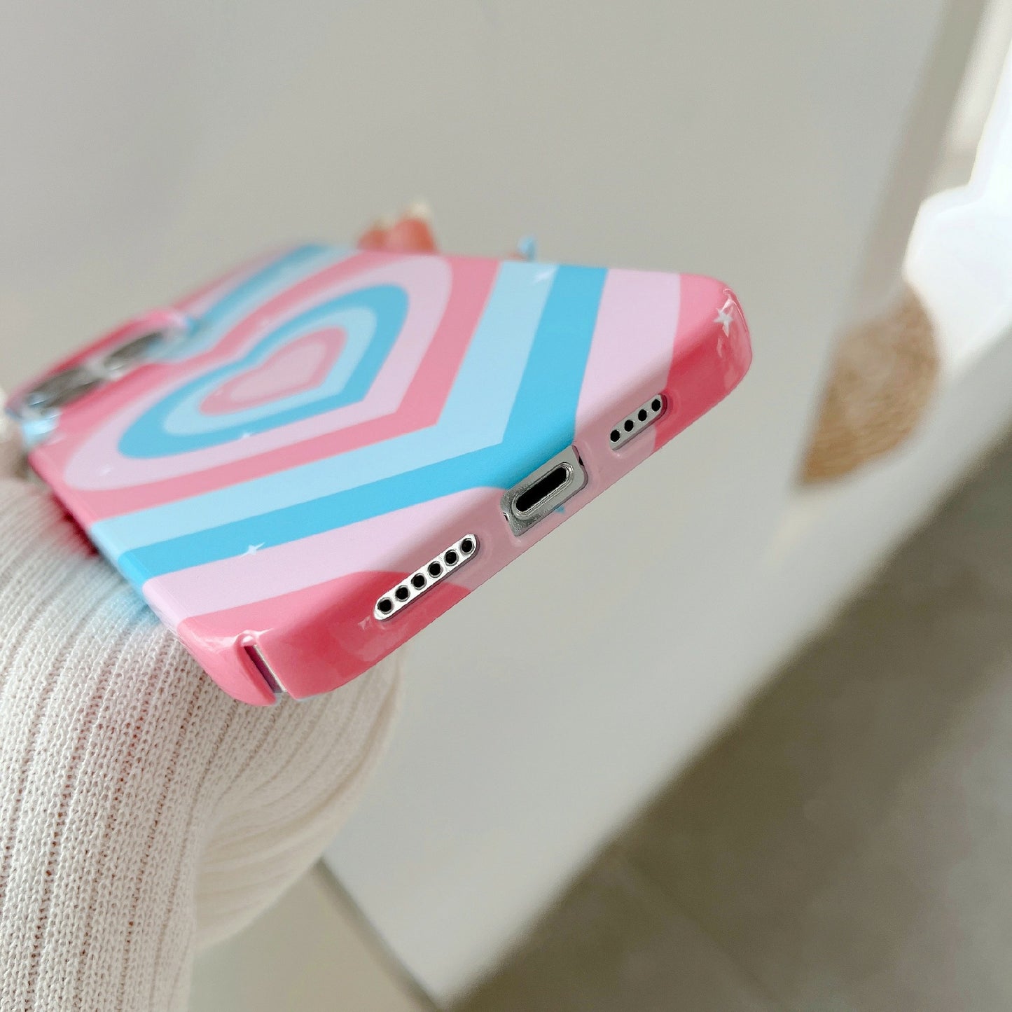 Uniqkart for iPhone 12 Pro Max 6.7 inch Hard PC Phone Case Pattern Printing Protective Glossy Phone Shell - Pink Blue Heart