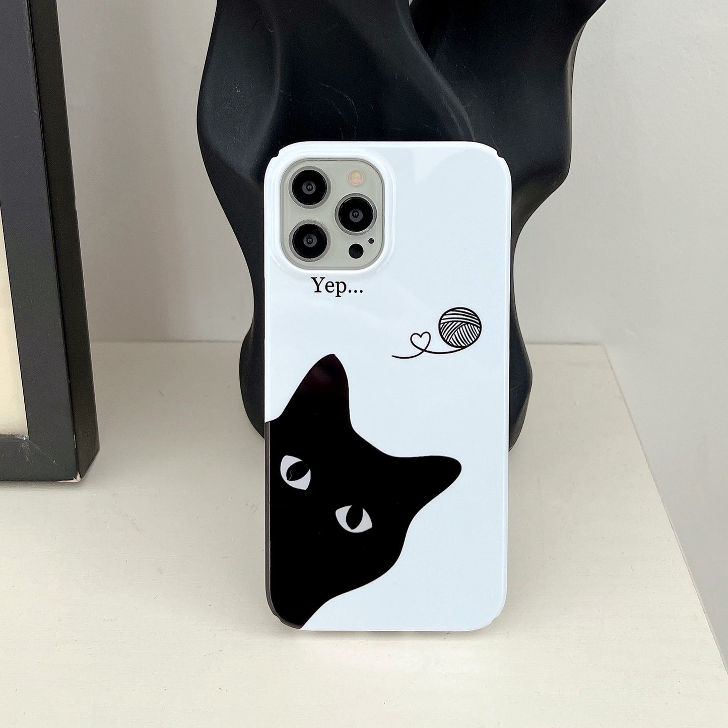 Hard PC Phone Cover for iPhone 12 Pro 6.1 inch Pattern Printing Anti-Drop Glossy Phone Case - Wool Black Cat