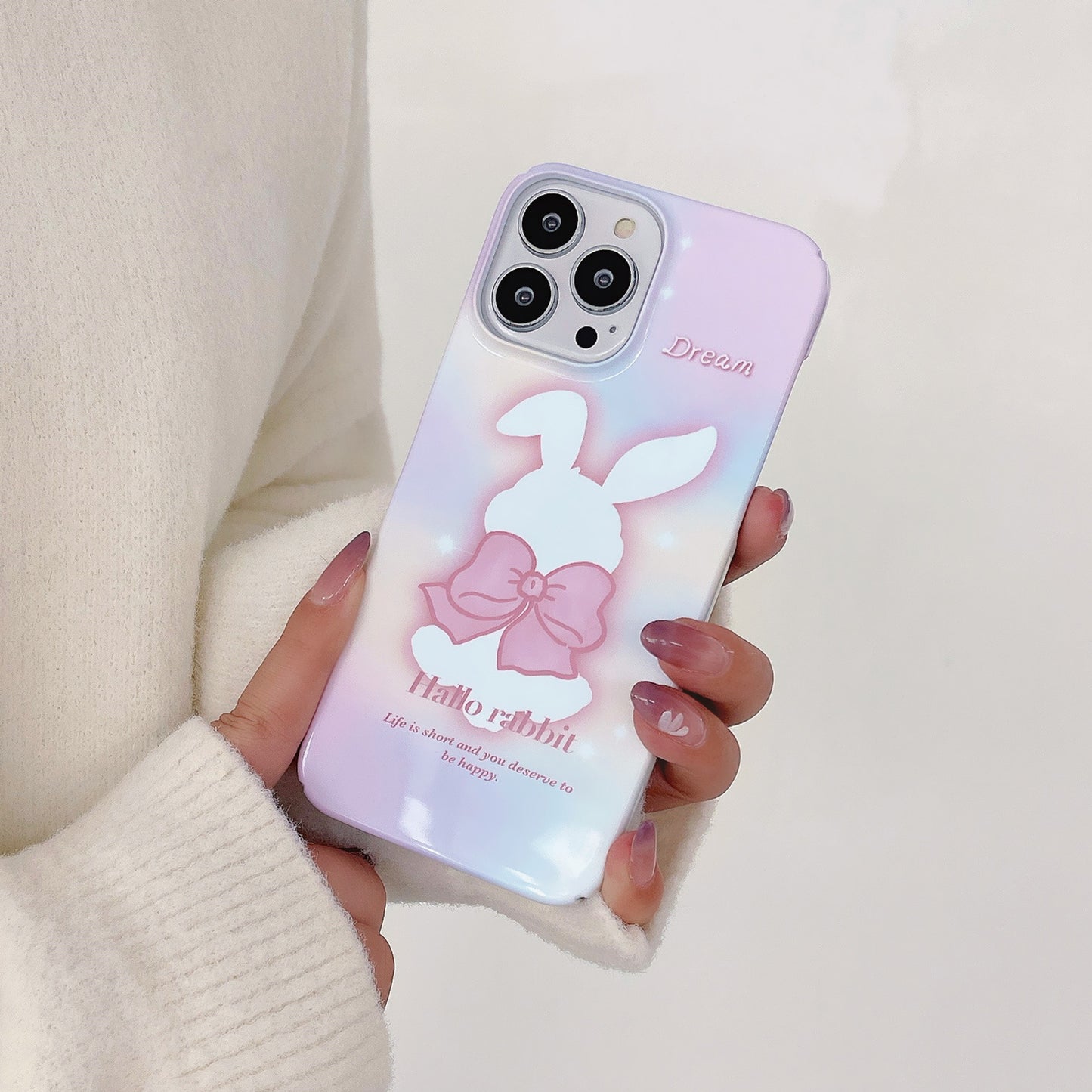 Hard PC Phone Cover for iPhone 12 Pro 6.1 inch Pattern Printing Anti-Drop Glossy Phone Case - Bowknot Rabbit