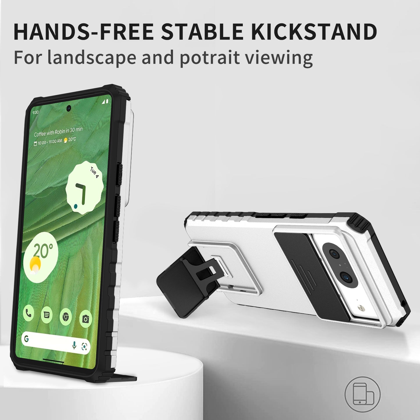 Kickstand Case for Google Pixel 8 PC + TPU Anti-drop Phone Protector with Slide Camera Cover - Silver