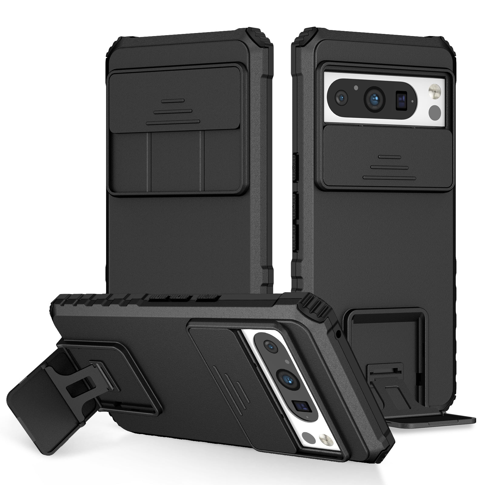 Uniqkart for Google Pixel 8 Pro PC + TPU Phone Protector with Slide Camera Cover Kickstand Case - Black