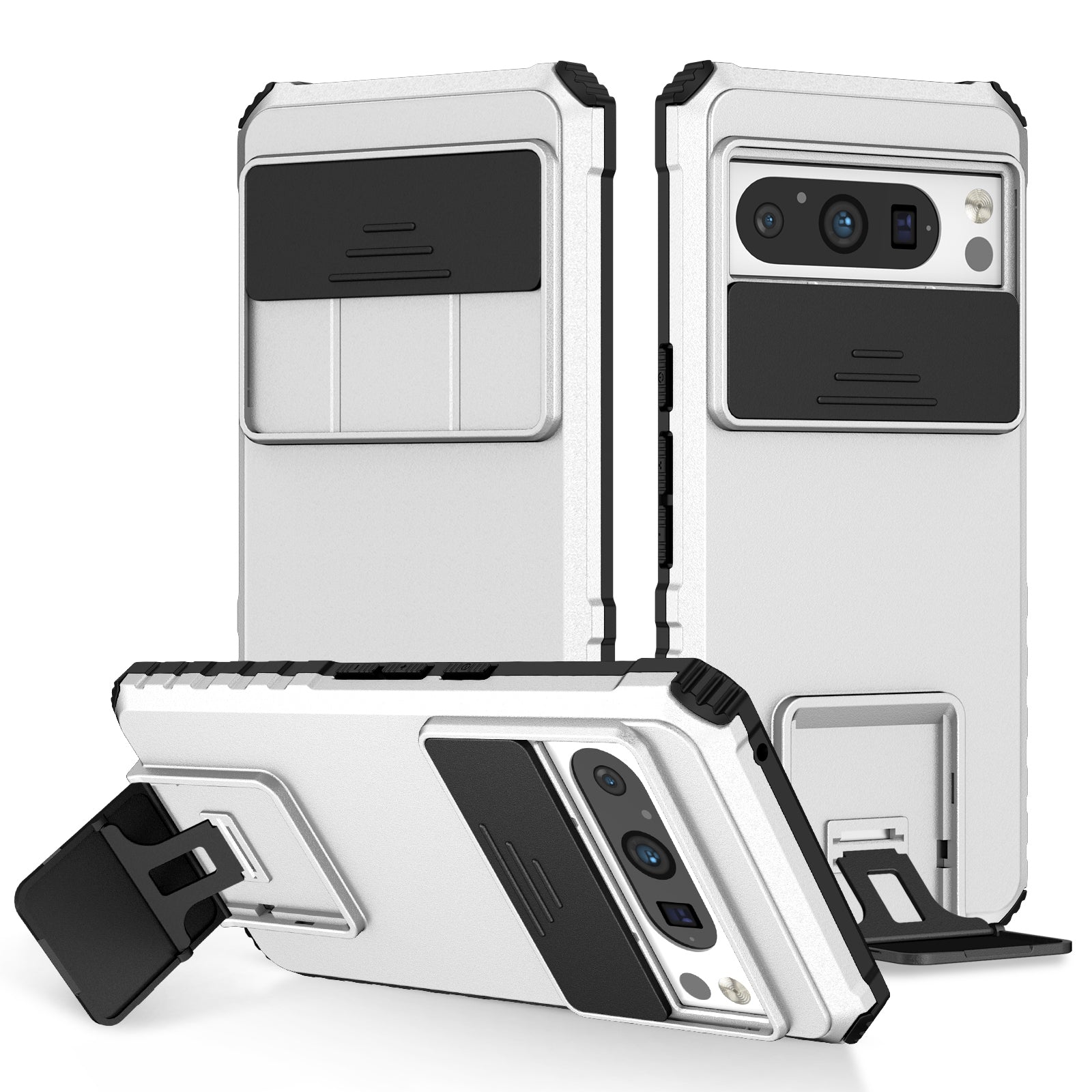 Uniqkart for Google Pixel 8 Pro PC + TPU Phone Protector with Slide Camera Cover Kickstand Case - Silver