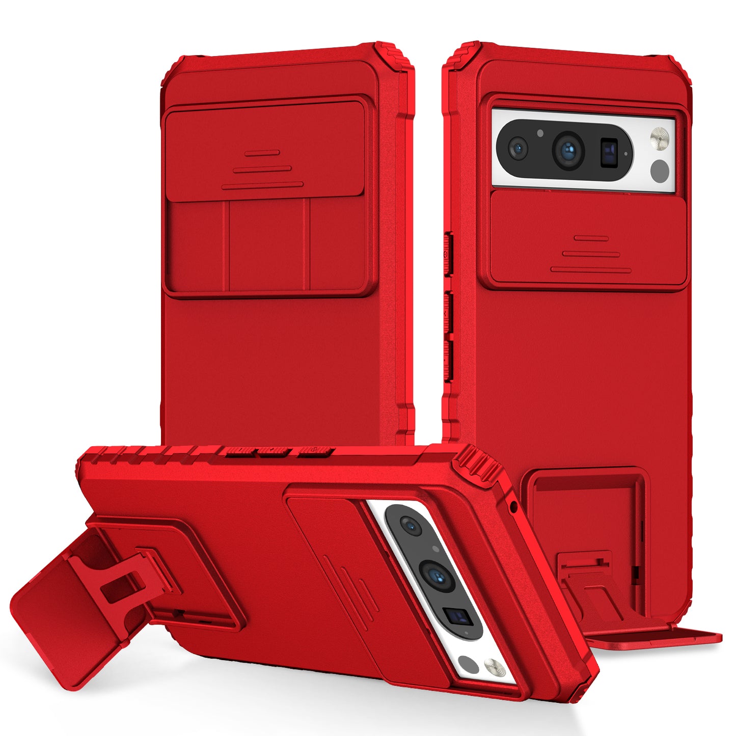 Uniqkart for Google Pixel 8 Pro PC + TPU Phone Protector with Slide Camera Cover Kickstand Case - Red
