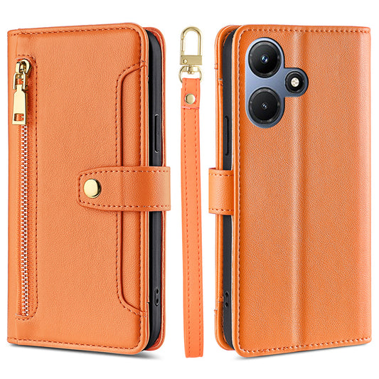 Uniqkart for Infinix Hot 30i Wallet Case Zipper Pocket Flip Stand PU Leather Phone Cover with Shoulder Strap and Wrist Strap - Orange