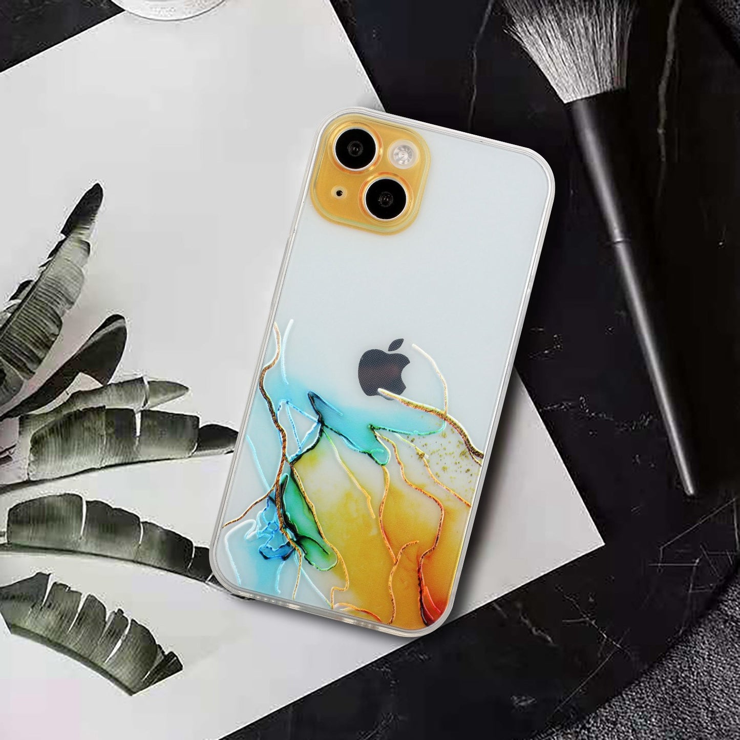 Uniqkart for iPhone 15 Shockproof TPU Case Embossing Marble Pattern Phone Shell Anti-Scratch Phone Cover - Yellow