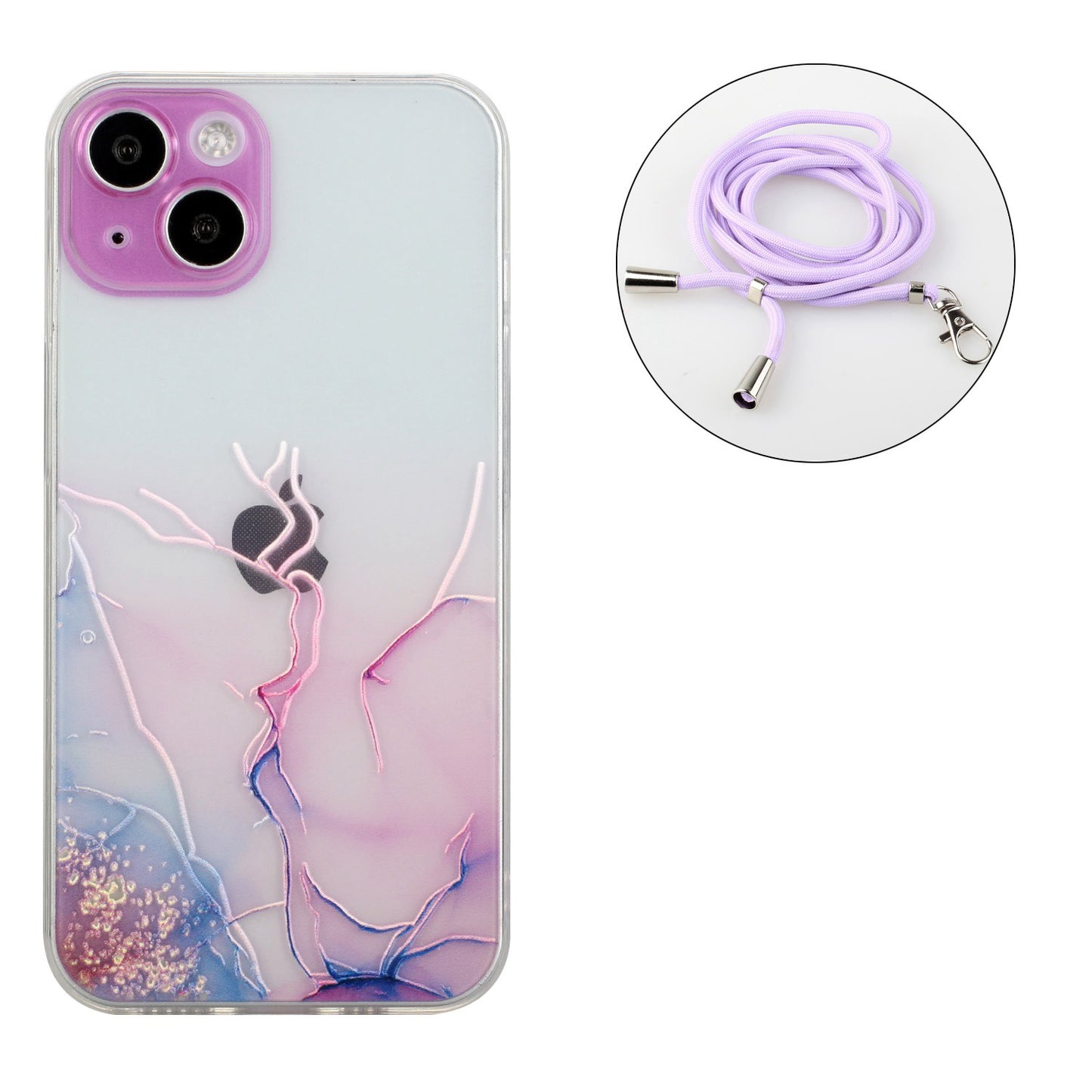 Soft TPU Phone Case for iPhone 15 Marble Pattern Embossed Anti-Scratch Phone Cover with Lanyard - Pink
