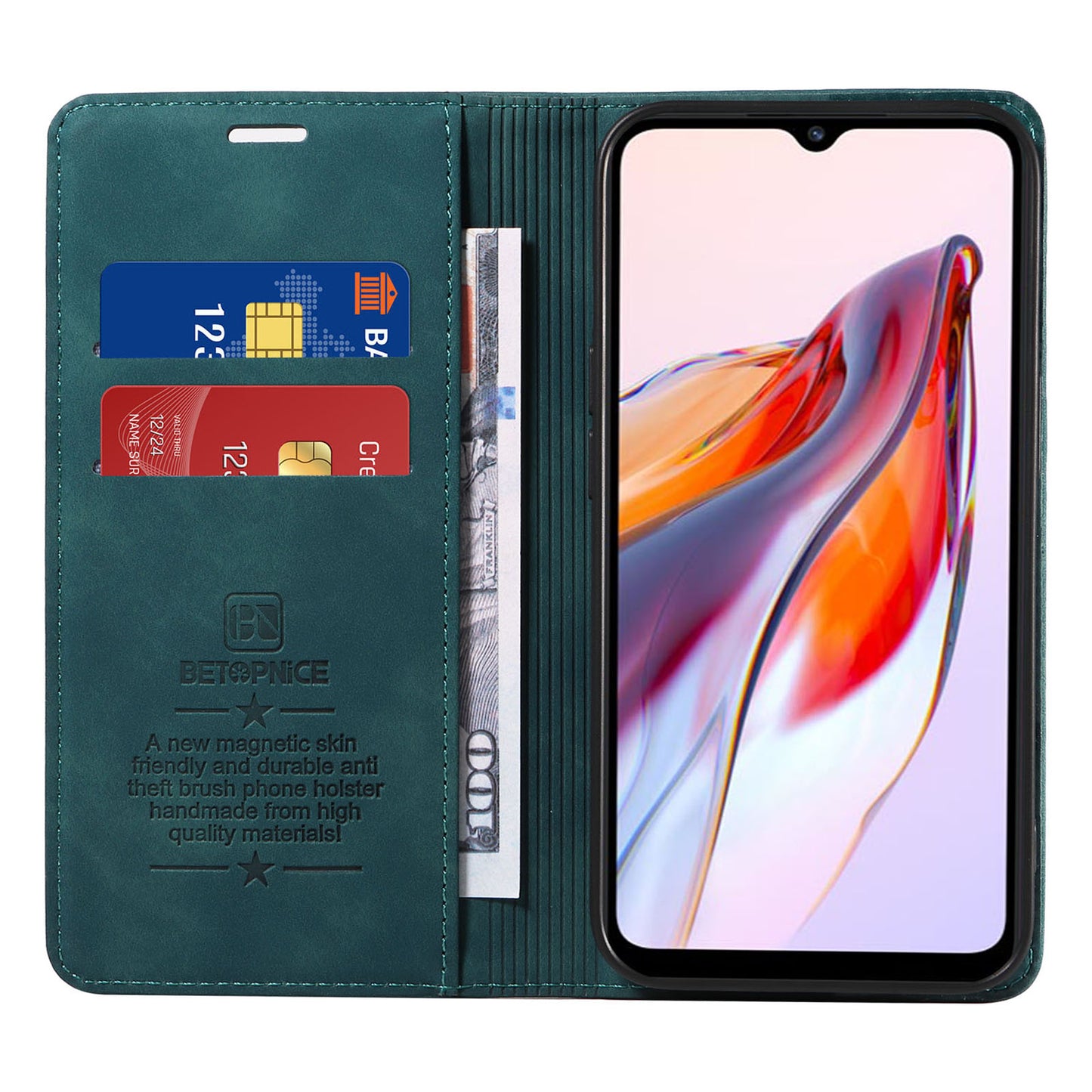 Uniqkart 003 For Xiaomi Redmi 12C 4G / 11A 4G / Poco C55 4G Phone Wallet Case RFID Blocking Leather Stand Cover - Green