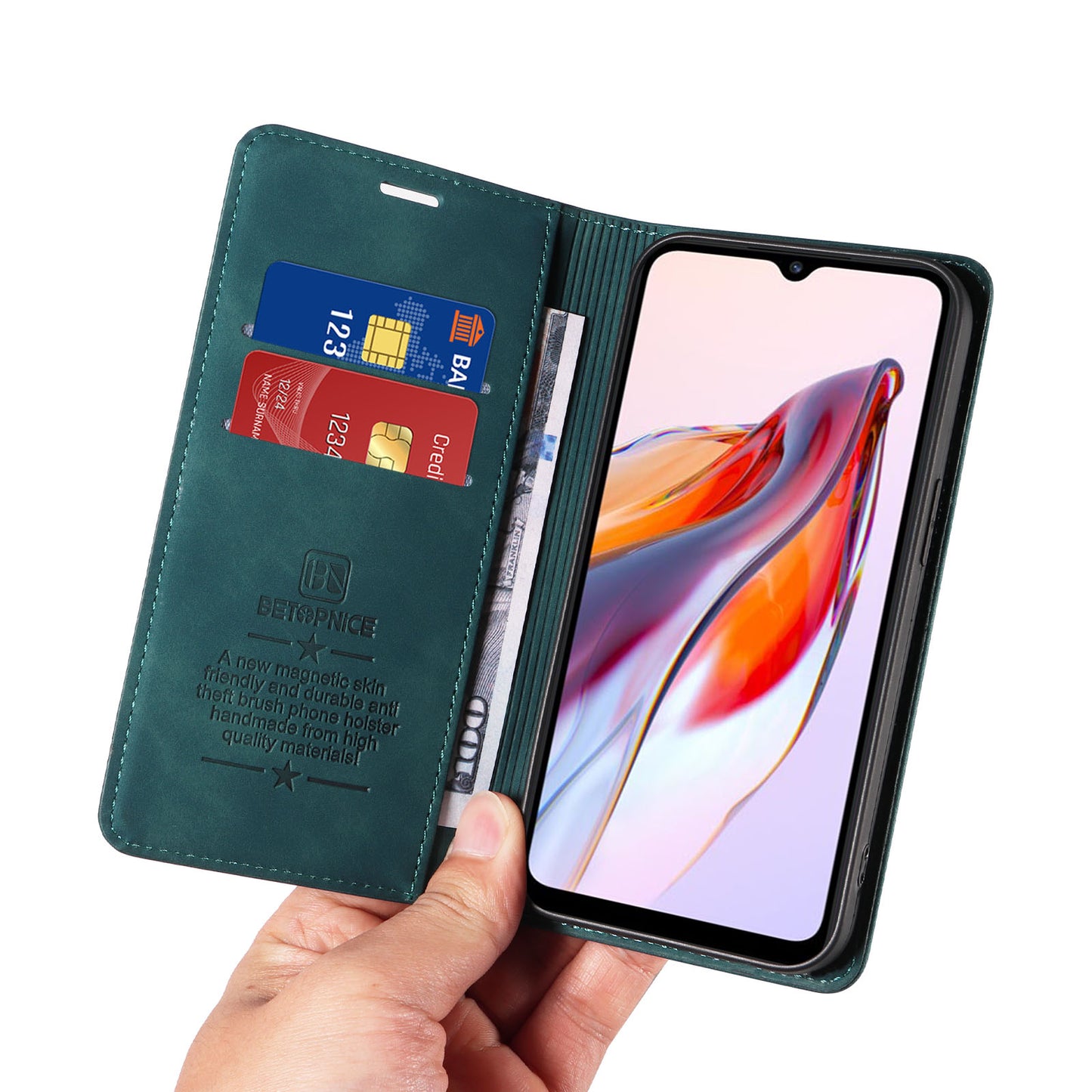 Uniqkart 003 For Xiaomi Redmi 12C 4G / 11A 4G / Poco C55 4G Phone Wallet Case RFID Blocking Leather Stand Cover - Green