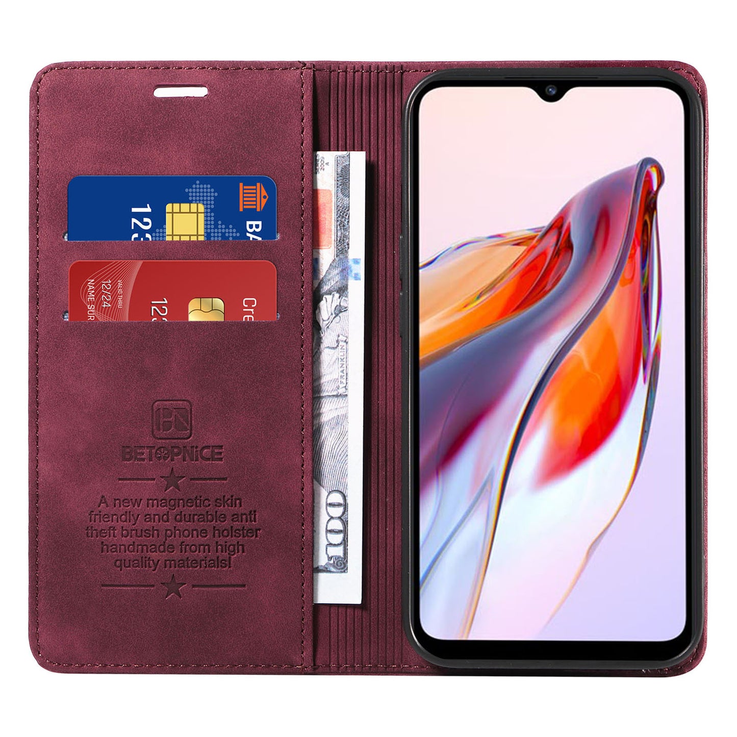 Uniqkart 003 For Xiaomi Redmi 12C 4G / 11A 4G / Poco C55 4G Phone Wallet Case RFID Blocking Leather Stand Cover - Red