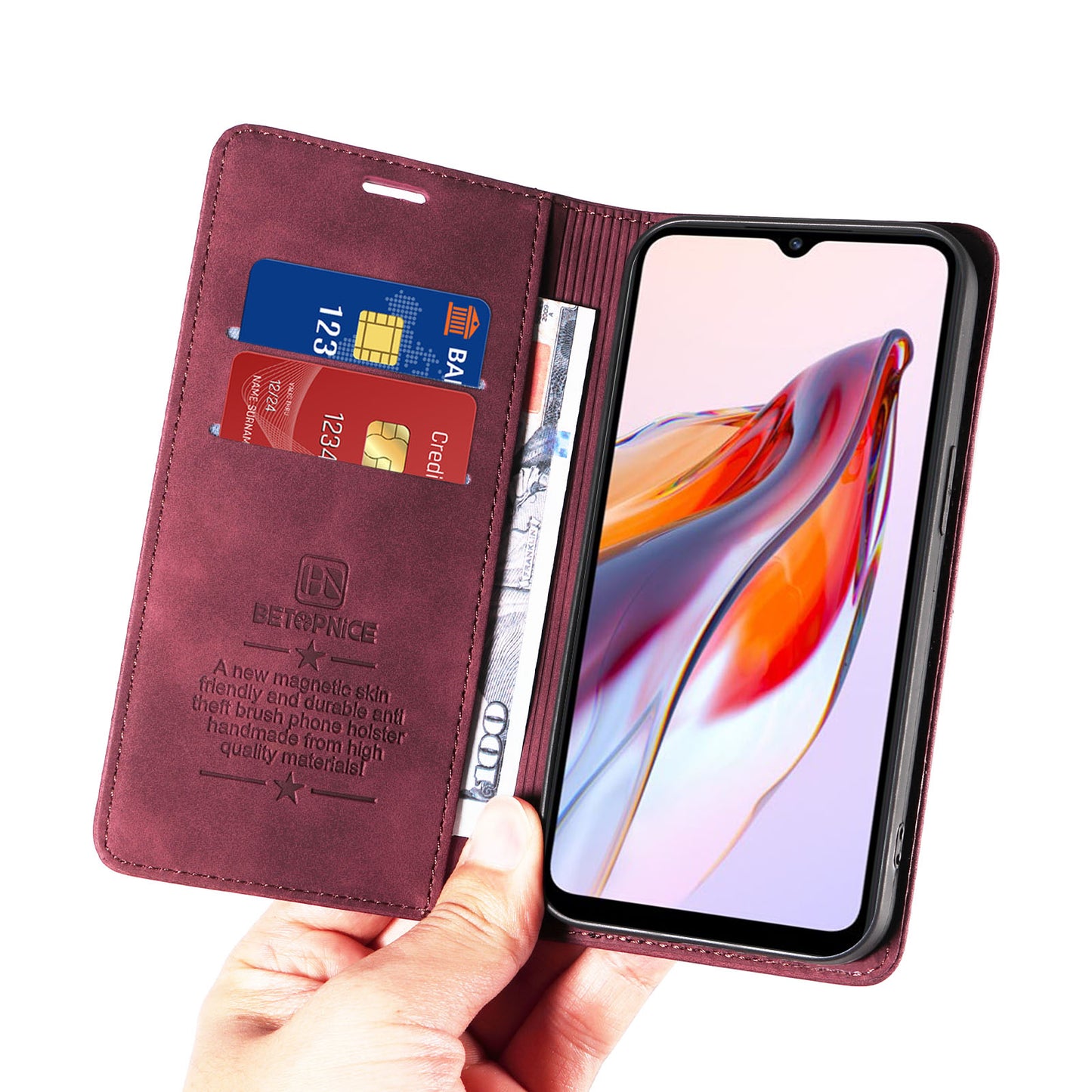 Uniqkart 003 For Xiaomi Redmi 12C 4G / 11A 4G / Poco C55 4G Phone Wallet Case RFID Blocking Leather Stand Cover - Red