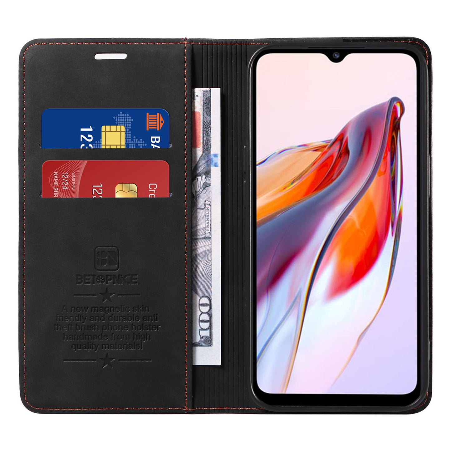 Uniqkart 003 For Xiaomi Redmi 12C 4G / 11A 4G / Poco C55 4G Phone Wallet Case RFID Blocking Leather Stand Cover - Black
