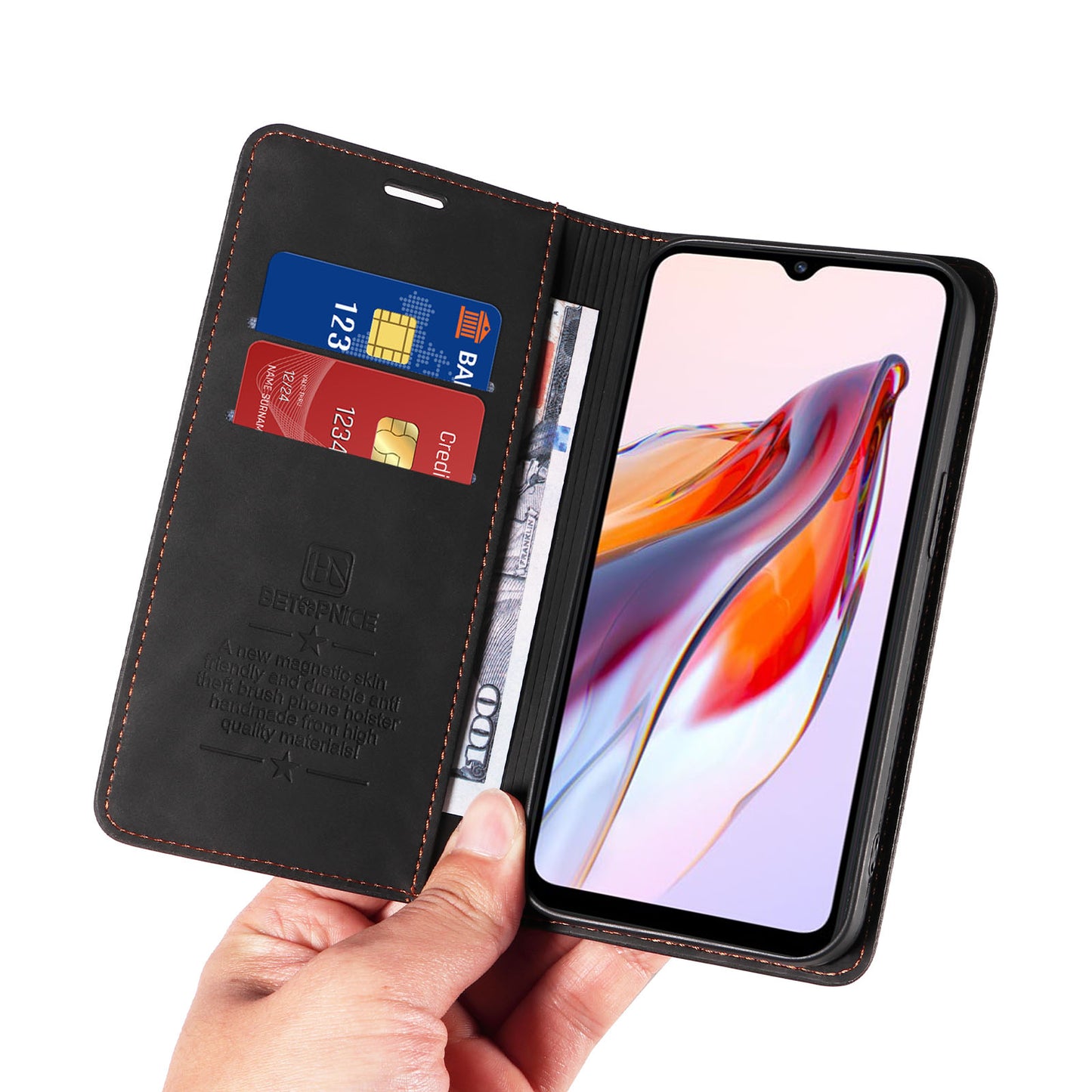 Uniqkart 003 For Xiaomi Redmi 12C 4G / 11A 4G / Poco C55 4G Phone Wallet Case RFID Blocking Leather Stand Cover - Black