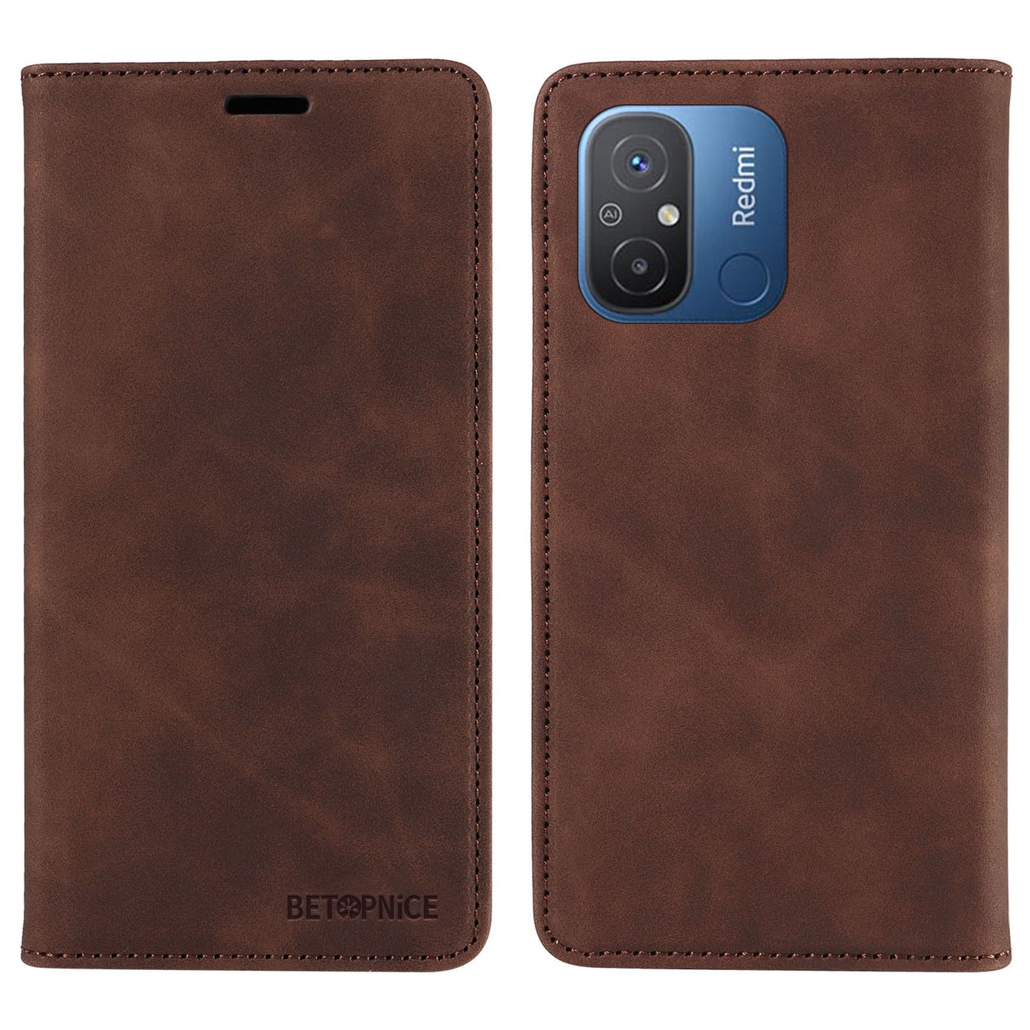 Uniqkart 003 For Xiaomi Redmi 12C 4G / 11A 4G / Poco C55 4G Phone Wallet Case RFID Blocking Leather Stand Cover - Brown