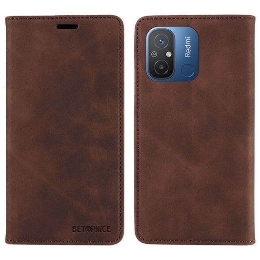Uniqkart 003 For Xiaomi Redmi 12C 4G / 11A 4G / Poco C55 4G Phone Wallet Case RFID Blocking Leather Stand Cover - Brown