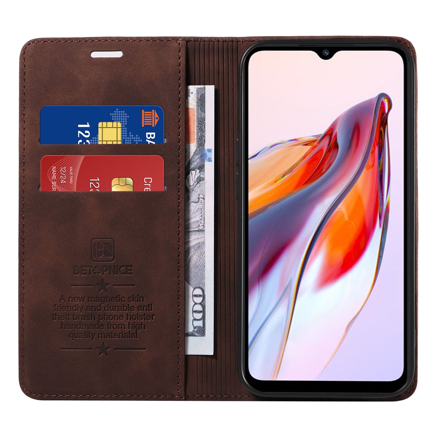 Uniqkart 003 For Xiaomi Redmi 12C 4G / 11A 4G / Poco C55 4G Phone Wallet Case RFID Blocking Leather Stand Cover - Brown