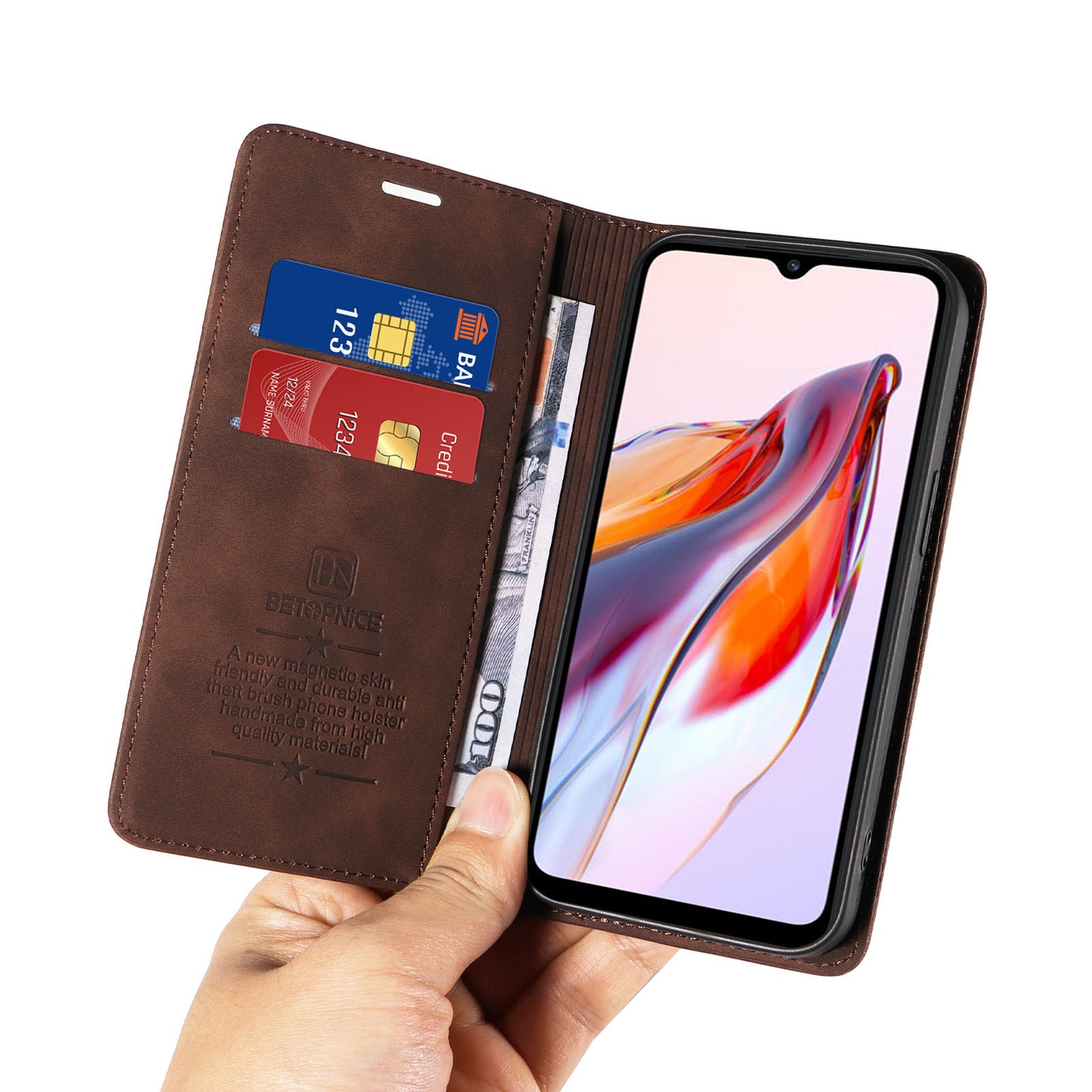 Uniqkart 003 For Xiaomi Redmi 12C 4G / 11A 4G / Poco C55 4G Phone Wallet Case RFID Blocking Leather Stand Cover - Brown