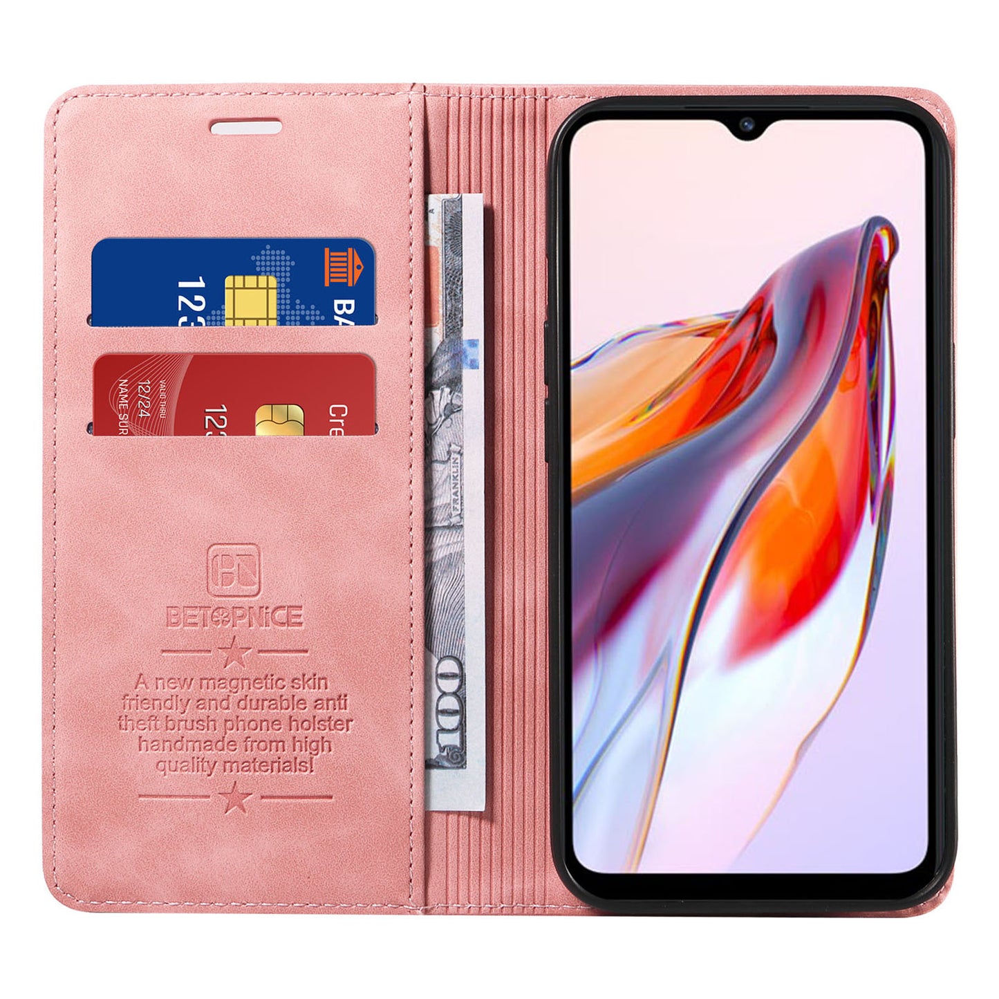 Uniqkart 003 For Xiaomi Redmi 12C 4G / 11A 4G / Poco C55 4G Phone Wallet Case RFID Blocking Leather Stand Cover - Pink