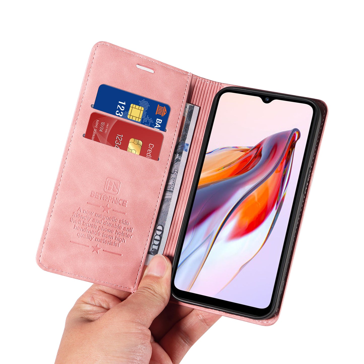 Uniqkart 003 For Xiaomi Redmi 12C 4G / 11A 4G / Poco C55 4G Phone Wallet Case RFID Blocking Leather Stand Cover - Pink