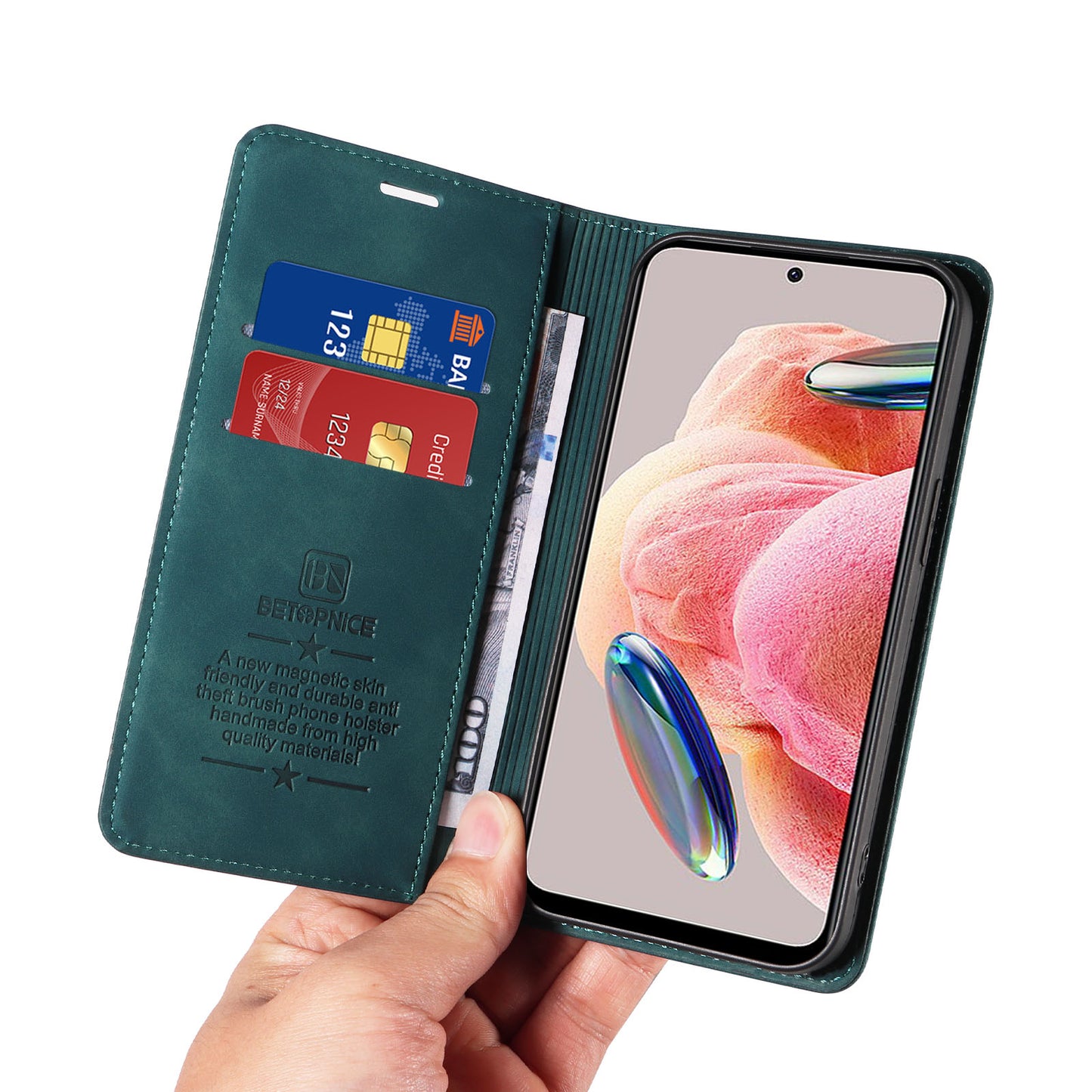 Uniqkart 003 For Xiaomi Redmi Note 12 4G RFID Blocking Phone Wallet Case Leather Stand Cover - Green