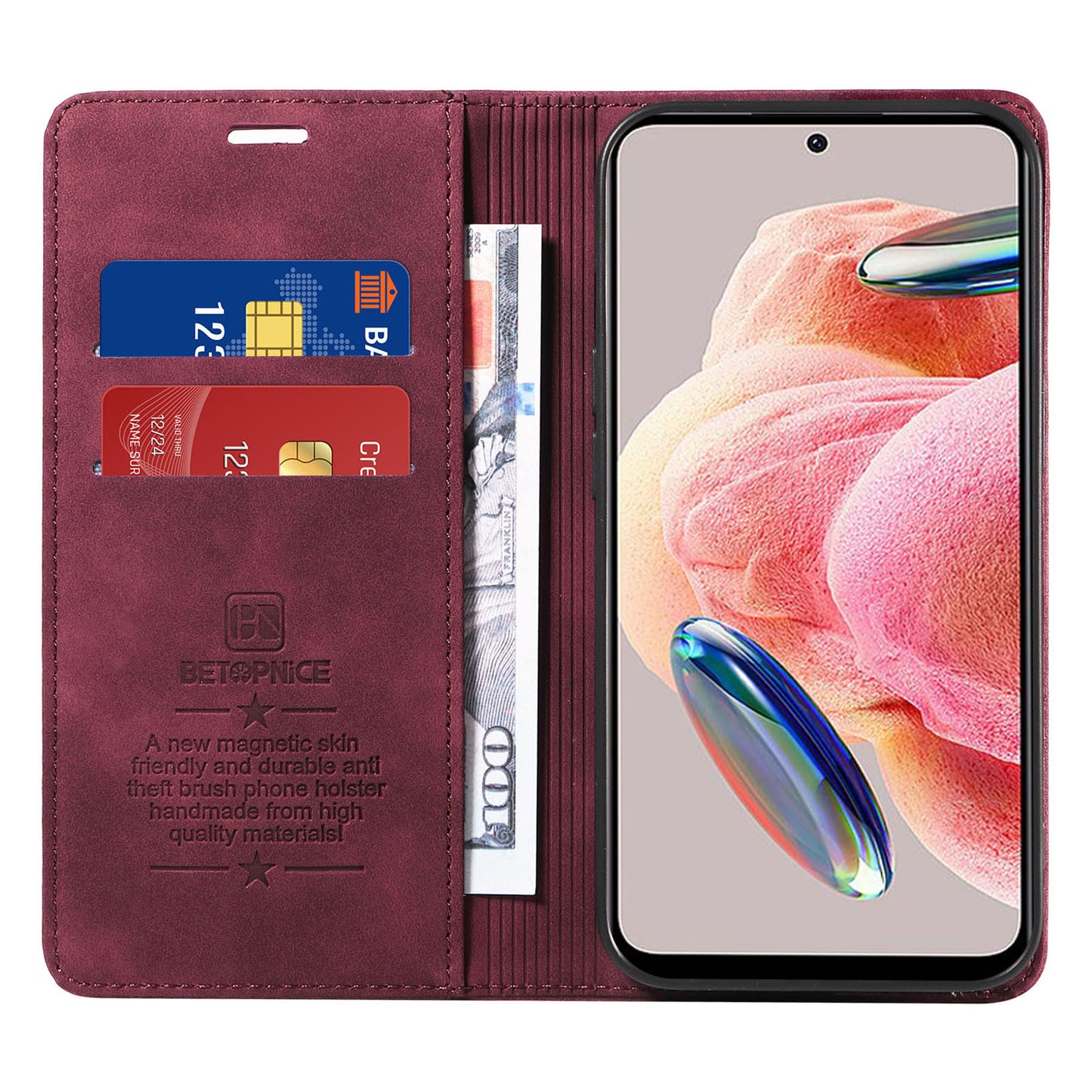 Uniqkart 003 For Xiaomi Redmi Note 12 4G RFID Blocking Phone Wallet Case Leather Stand Cover - Red